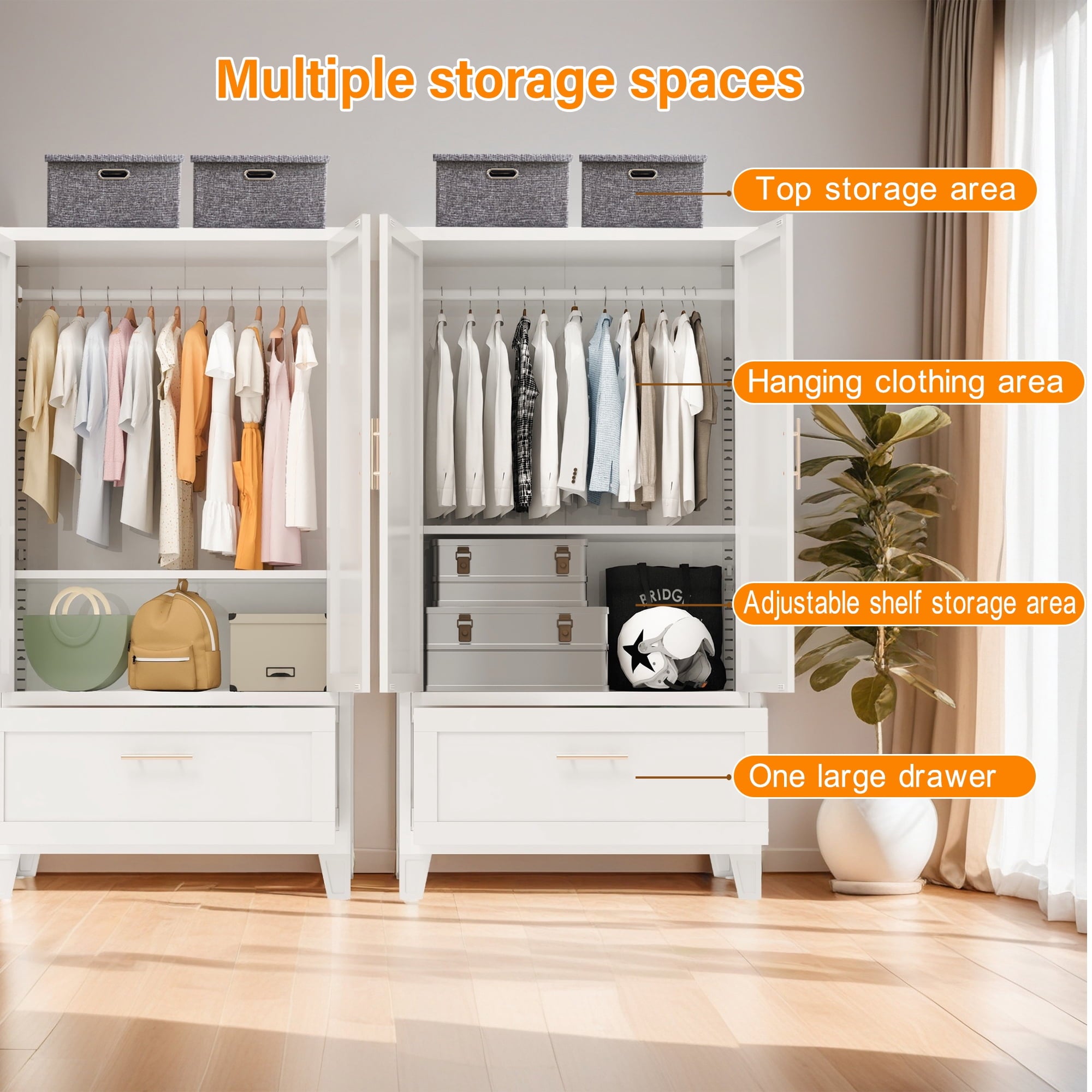 avobird 60 Tall Metal Wardrobe Cabinet with 1 Drawer and Hanging Rod, 2 Doors Wardrobe Closet with Shelf for Bedroom, Beige