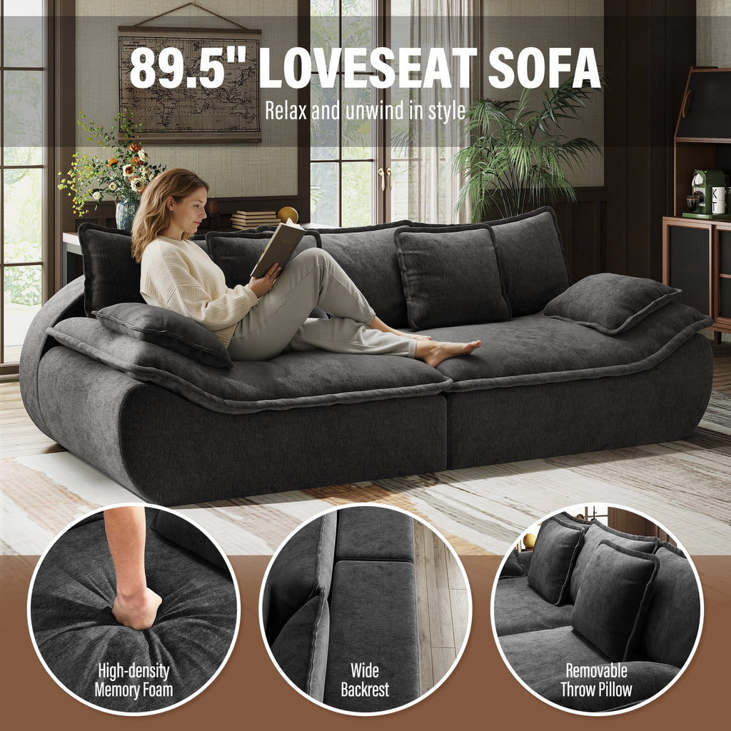 2-Seater Modular Sectional Sofa, Comfy Loveseat with Throw, Deep Seat Memory Foam Small Couches for Small Space, Living Room Apartment, Dark Grey