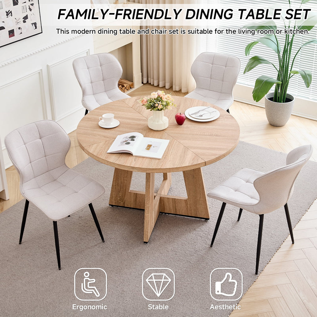 47 Round Dining Table Set for 4 Mid-Century Modern Kitchen Table with 4 Upholstered Chairs Kitchen Coffee Set Dining Table and Chairs for Living Room(Natural Table with 4 Beige Chairs)
