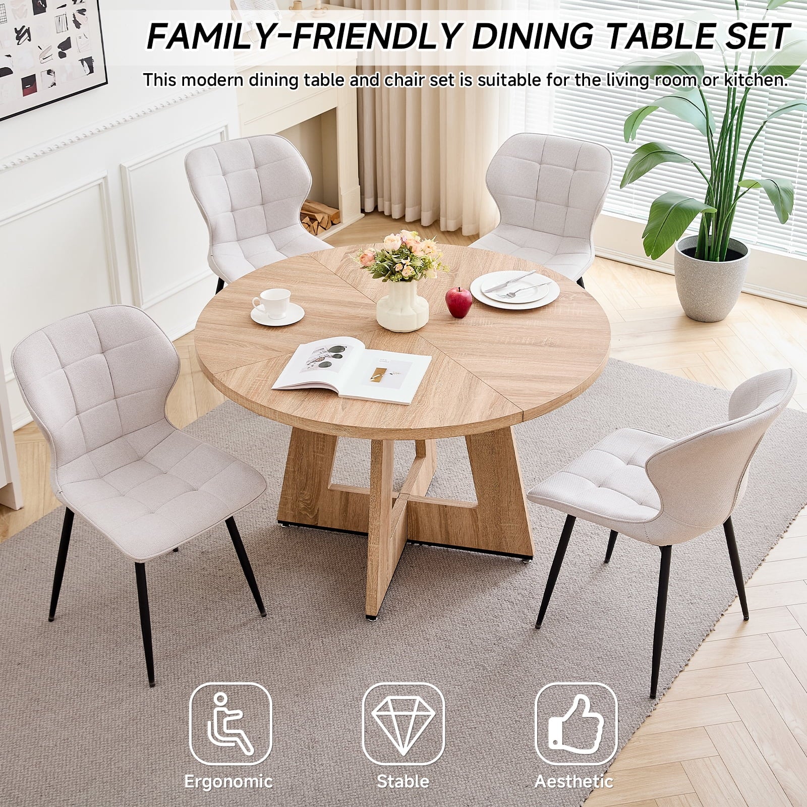 47 Round Dining Table Set for 4 Mid-Century Modern Kitchen Table with 4 Upholstered Chairs Kitchen Coffee Set Dining Table and Chairs for Living Room(Natural Table with 4 Beige Chairs)
