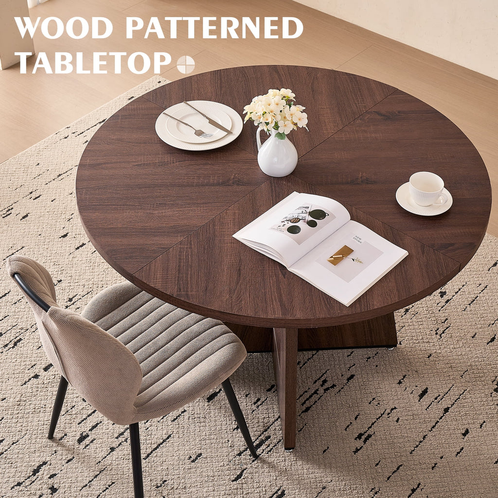 5 Piece 47'' Round Dining Table Chairs Set for 4, Farmhouse Oak Kitchen Table with 4 Boucle Mid Century Modern Dinning Room Chairs, Wood Dinner Table &Upholstered Chair Set of 4, Beige
