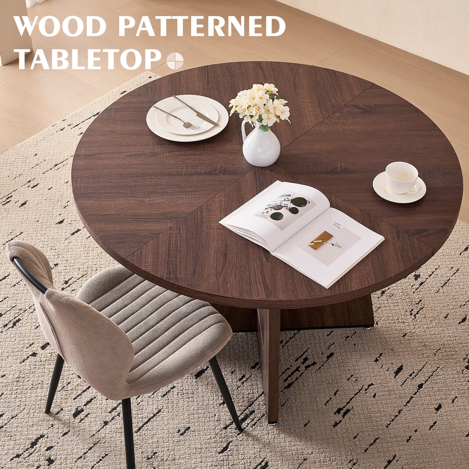 5 Piece 47'' Round Dining Table Chairs Set for 4, Farmhouse Oak Kitchen Table with 4 Boucle Mid Century Modern Dinning Room Chairs, Wood Dinner Table &Upholstered Chair Set of 4, Beige
