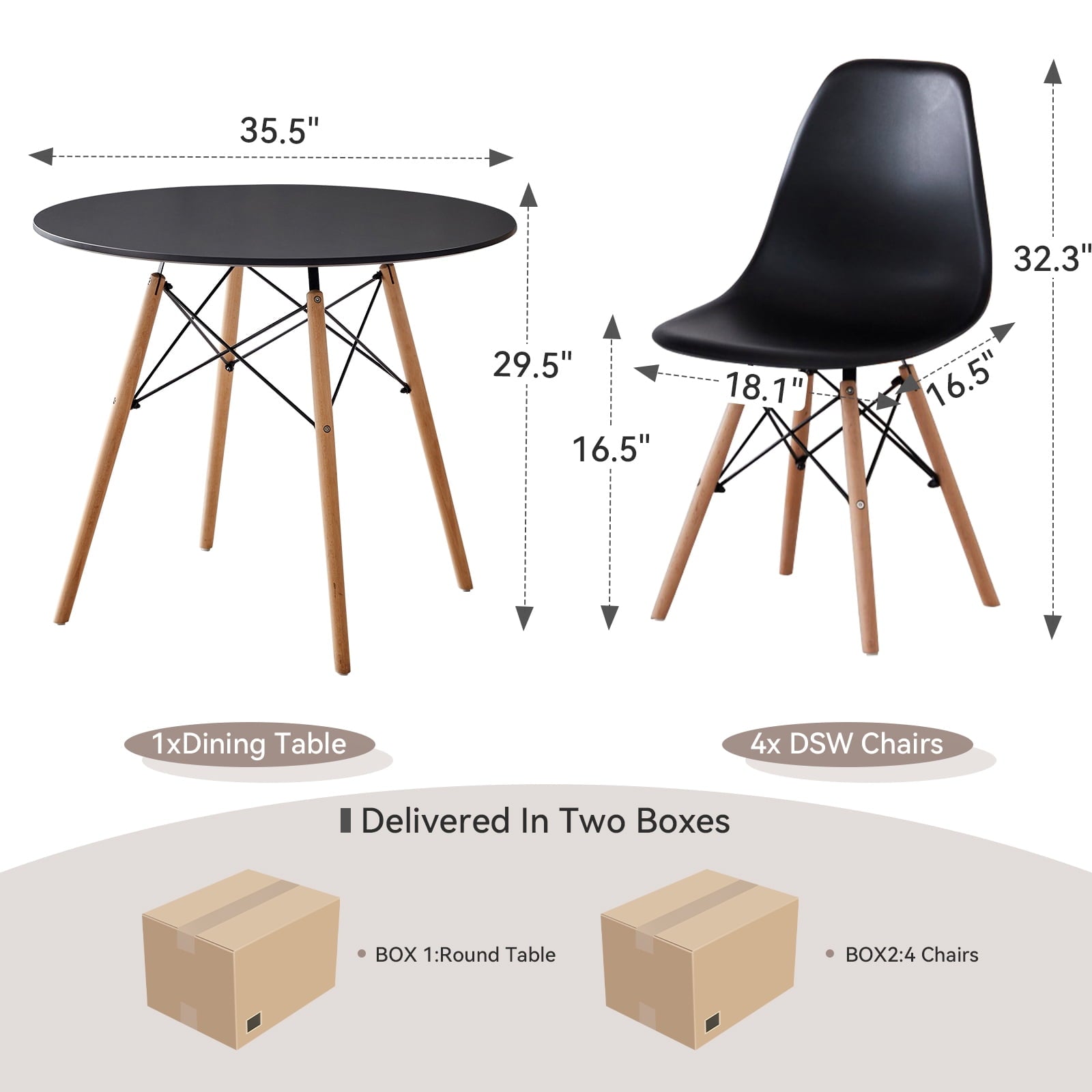5-Piece 35.5'' Round Dining Table Set for 4, Kitchen Table Chair Set of 4, Mid-Century Modern Dinette Dining Room Table Set Dinner Table for 4 W/Solid Wood Legs, White