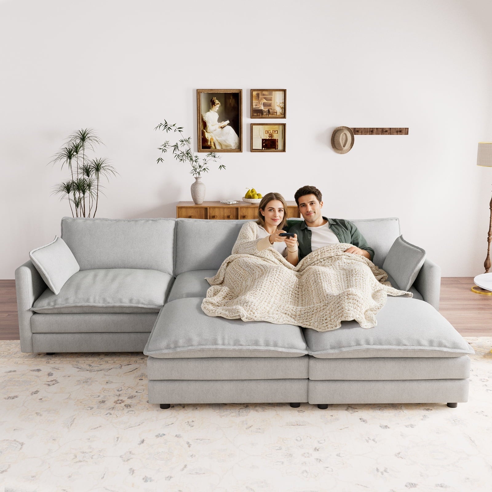 Muumblus Sectional Sofa Cloud Couch with Reversible Ottoman, L-Shaped Chenille Sofa for Living Rooms, Beige