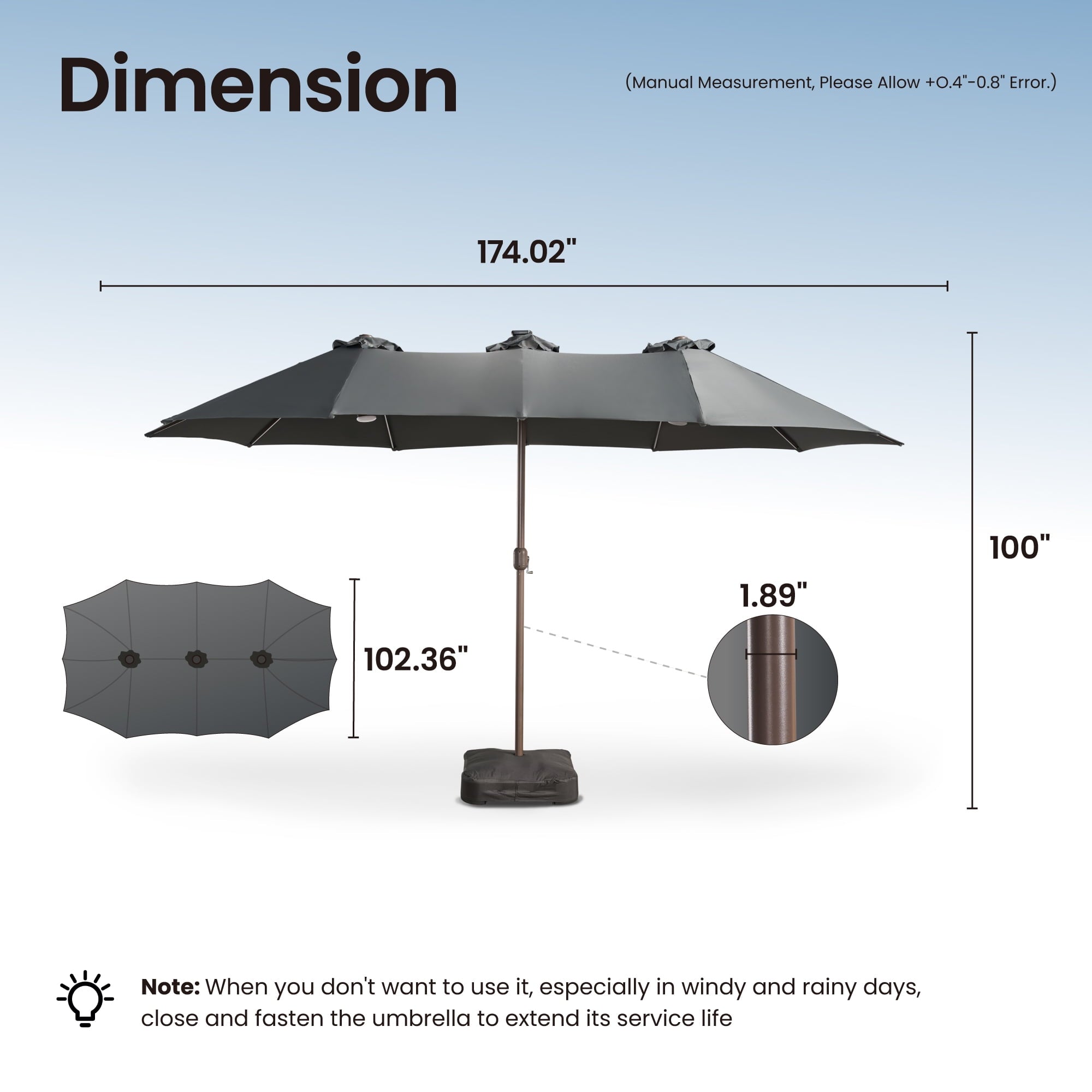 Ovios 15ft Solar LED Patio Umbrellas Double-Sided Outdoor Umbrella 36 LED Lights Large Poolside Umbrella with Base for Outside, Market, Backyard, Dark Grey
