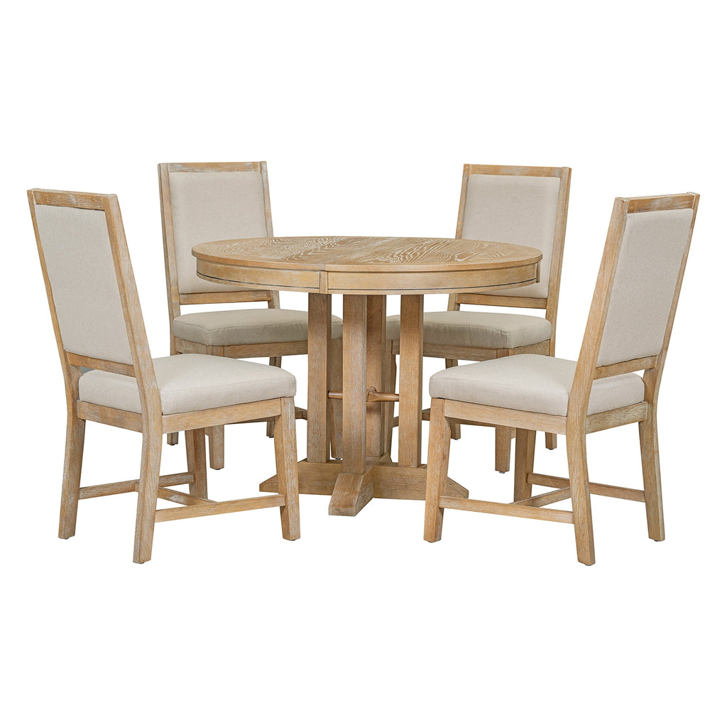 Harper & Bright Designs Farmhouse 5 Piece Kitchen Dining Table Set for 4, Solid Wood Extendable Round Dining Table Set and 4 Upholstered Chairs, Retro Dining Set for Kitchen, Natural Wood Wash