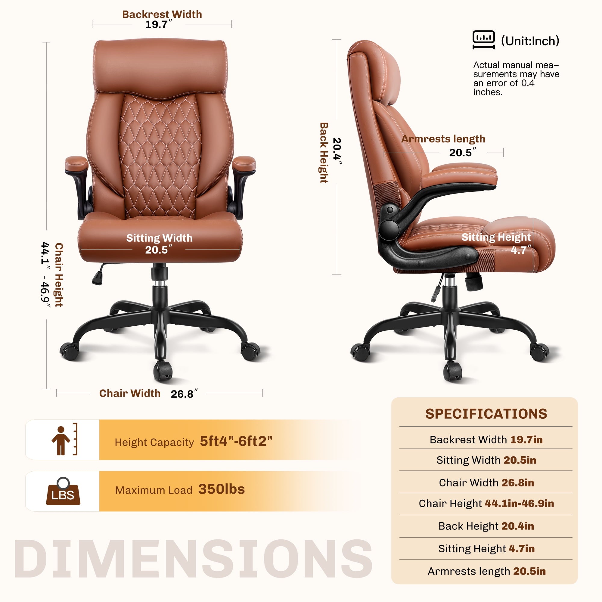 FASTES Executive Office Chair, Ergonomic Desk Chair with Adjustable Armrests, Computer Leather Chair Big and Tall Office Chair with Footrest and Lumbar Support, Brown