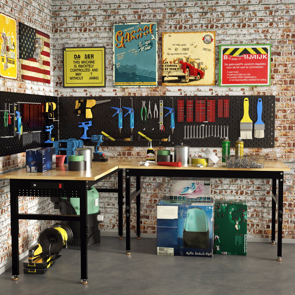 Joywind 60 Heavy-Duty Adjustable Workbench with Locking Wheels, Power Strip & Pegboard – Rubber Wood Work Table for Garage, Workshop, Home Office