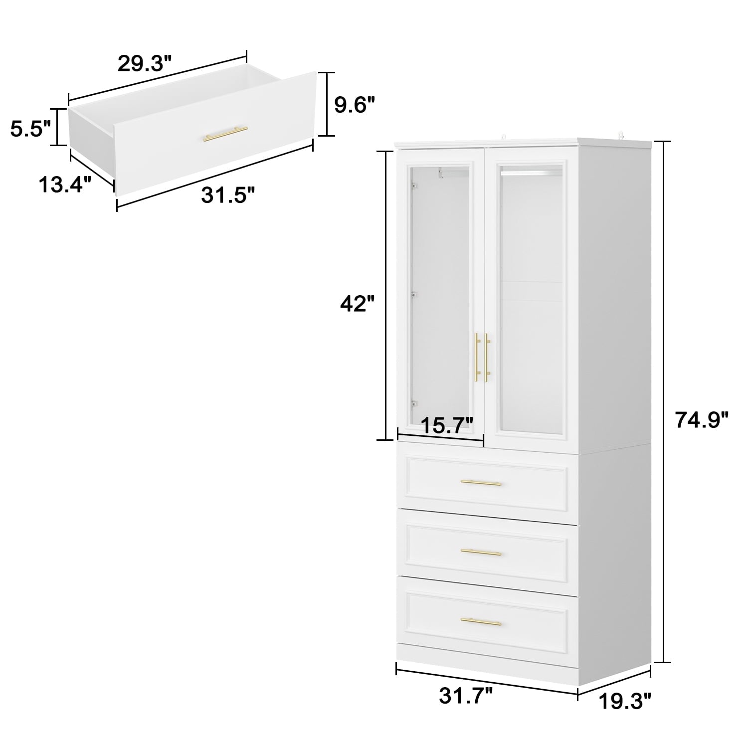 KULAGAGA Wardrobe Closet with Hanging Rod, Modern Wooden Armoire with 4 Framed Doors & 3 Large Shelves, Clothes Storage Cabinet Organizer for Bedroom Apartment, White