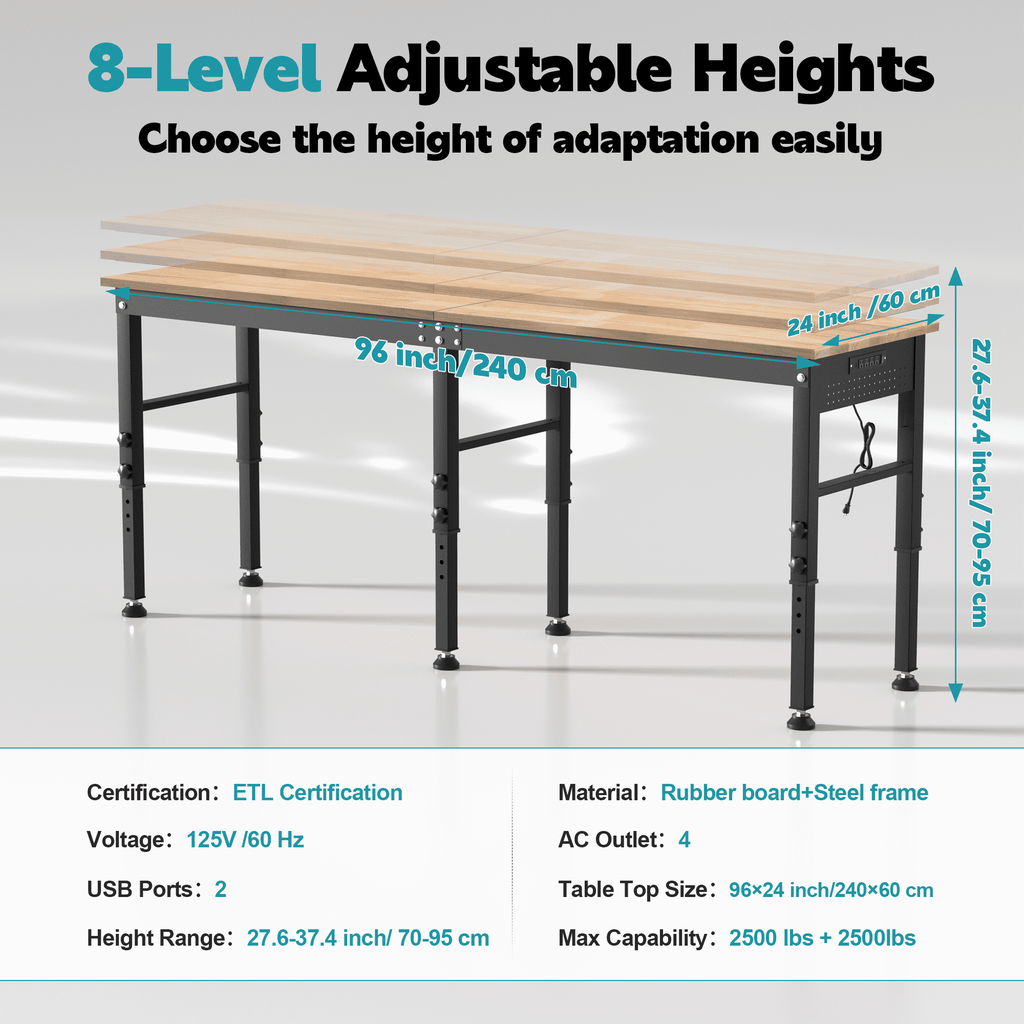 AHB 70 Adjustable Height Workbench with Power Outlets and Pegboard, 2000 lbs Heavy Duty Rubber Wood Top Work Table for Garage, Workshop, Office and Home