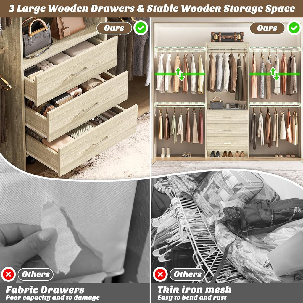 Homieasy Closet System, Closet Organizer with 3 Wooden Drawers, Walk-in Closet Wardrobe Clothes Rack with 4 Hanging Rods, Garment Rack, White