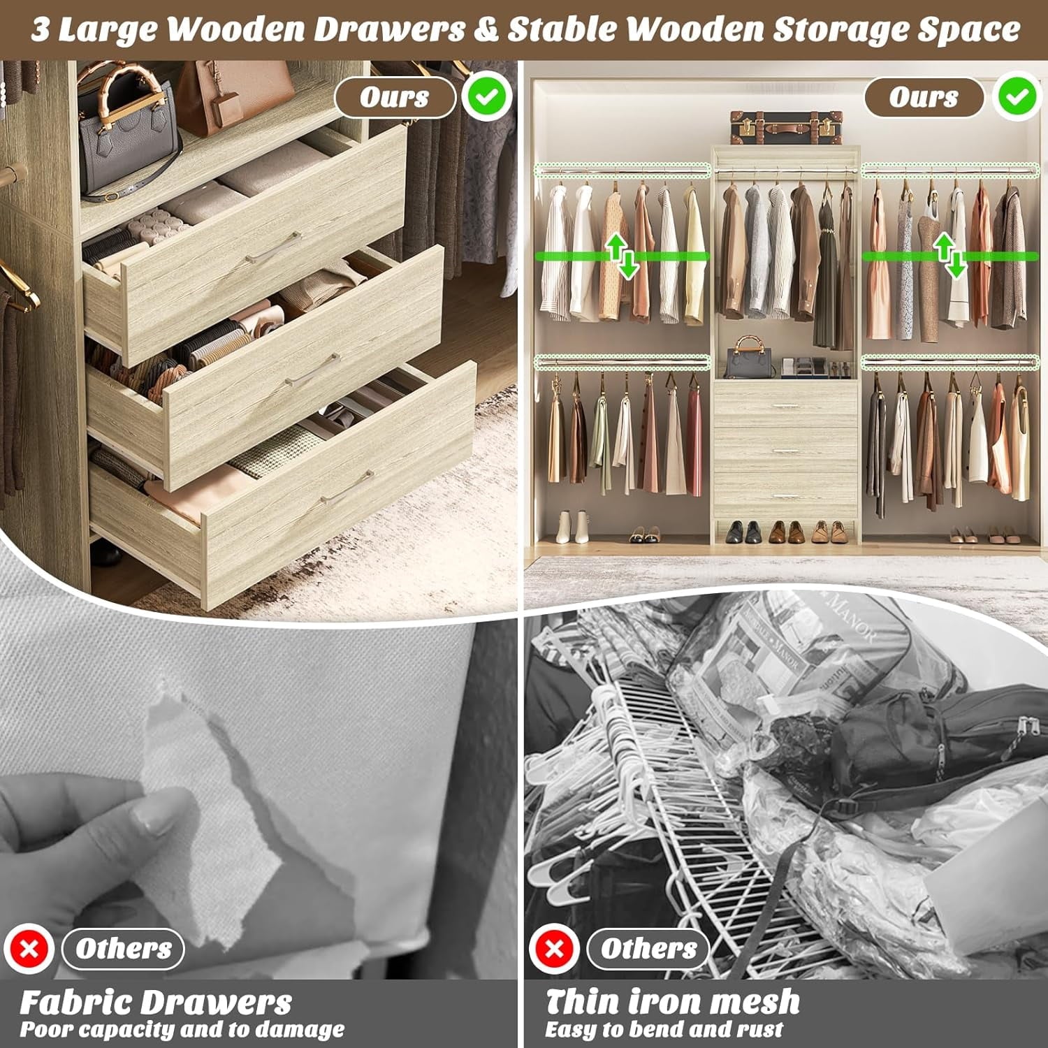 Homieasy Closet System, Closet Organizer with 3 Wooden Drawers, Walk-in Closet Wardrobe Clothes Rack with 4 Hanging Rods, Garment Rack, White