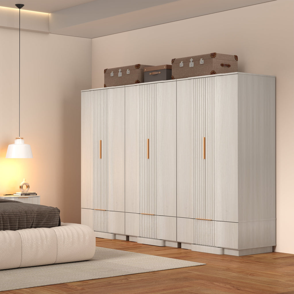 Brafabhome 67H Fluted Armoire Wardrobe Closet with Drawer, Wooden 2 Doors Wardrobe Cabinet with Hanging Rod & Adjustable Shelf for Bedroom | Nature
