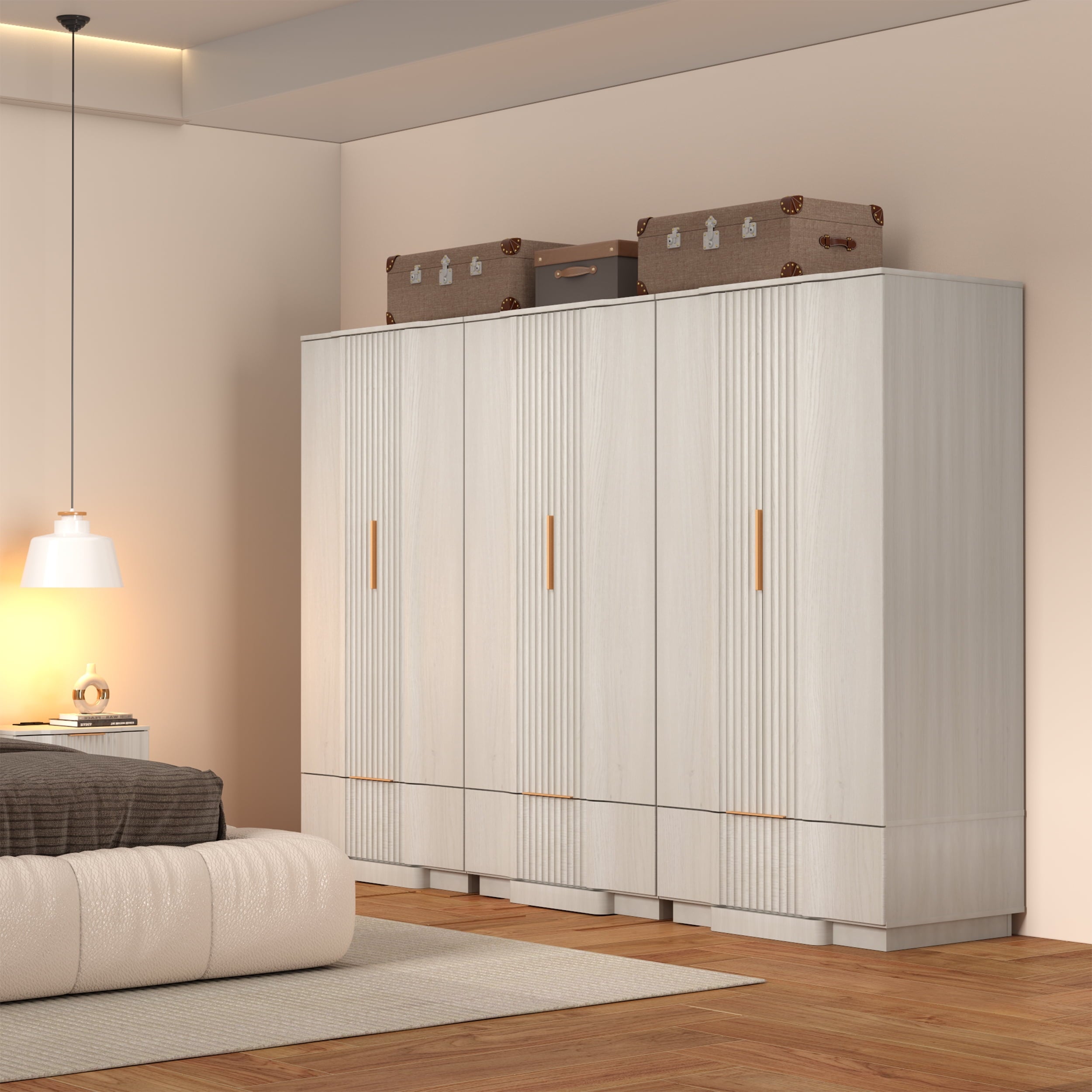 Brafabhome 67H Fluted Armoire Wardrobe Closet with Drawer, Wooden 2 Doors Wardrobe Cabinet with Hanging Rod & Adjustable Shelf for Bedroom | Nature