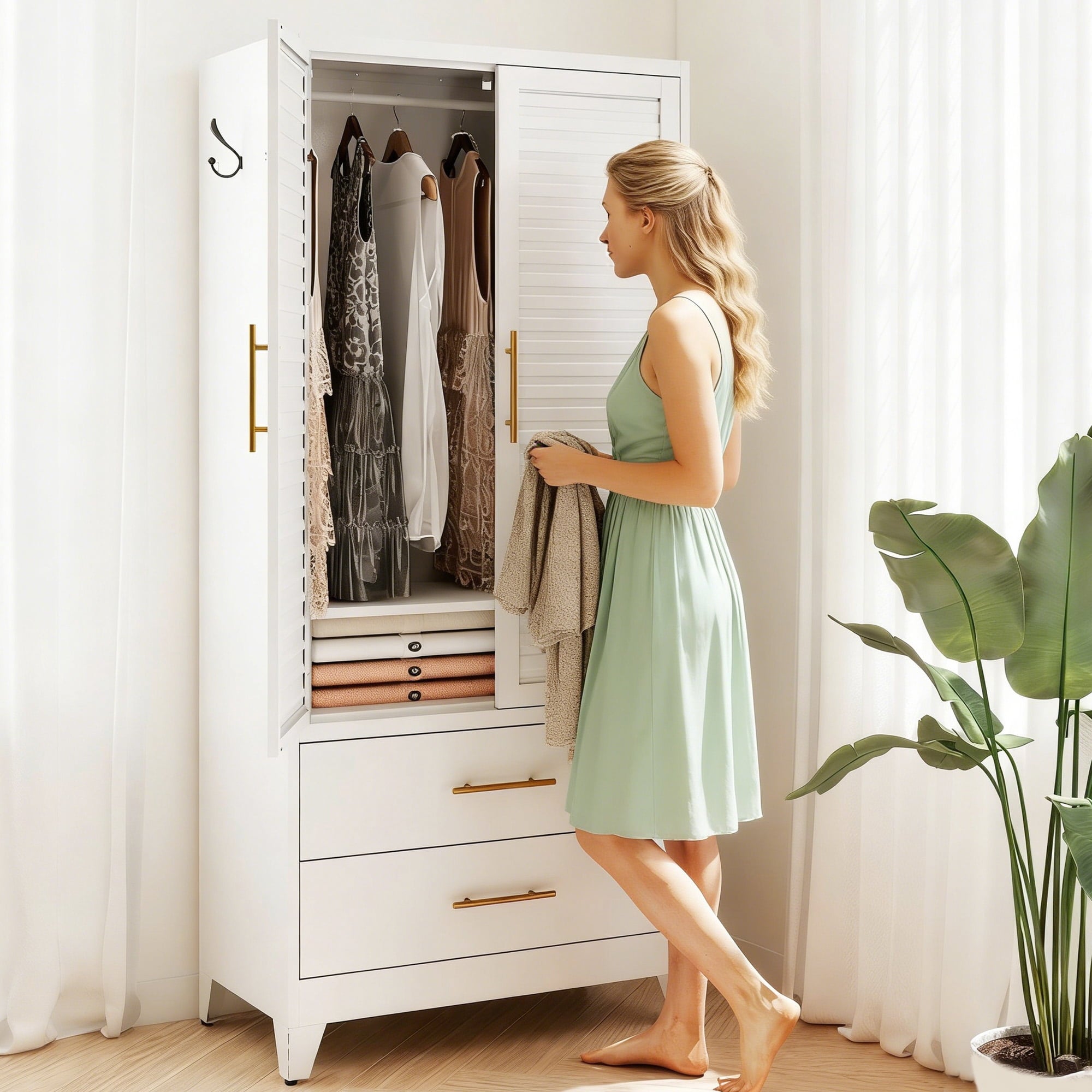 avobird 60 Tall Metal Wardrobe Cabinet with 1 Drawer and Hanging Rod, 2 Doors Wardrobe Closet with Shelf for Bedroom, Beige