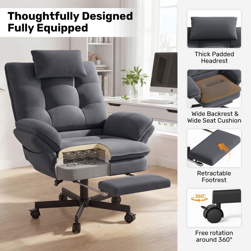 Hawsaiy Big and Tall Office Chair with Footrest, Ergonomic Executive Desk Chair with Flip-Up Arms, Reclining High Back Computer Chair with Headrest & Side Pockets, White