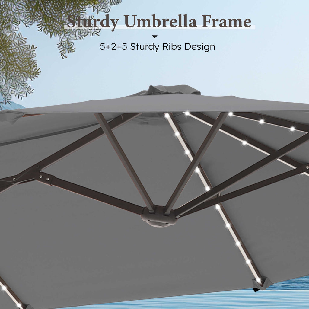 SUMMIT LIVING 13ft Large Patio Umbrella with Multi-Color LED Solar Lights Double-Sided Rectangular Outdoor Table Umbrella – Beige