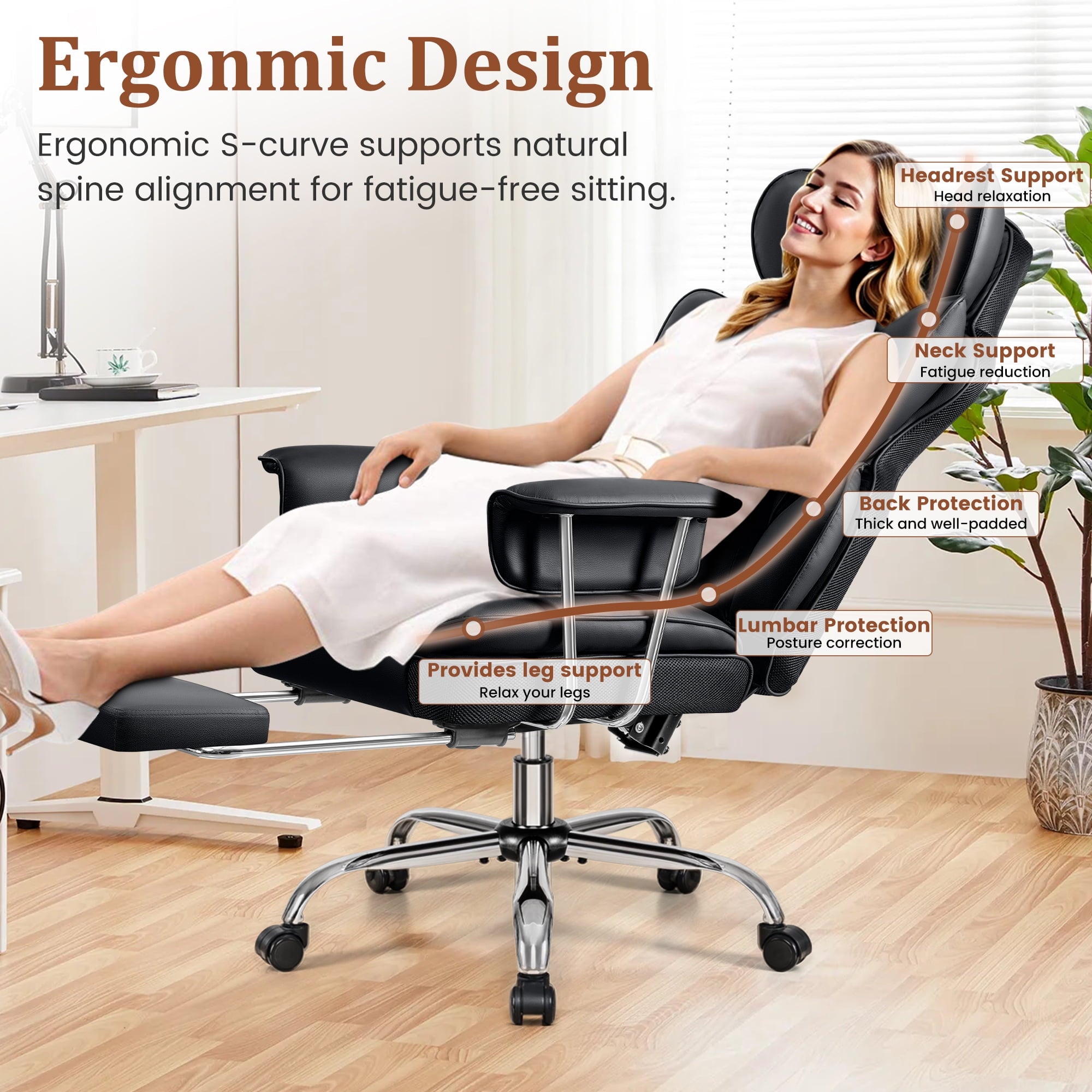 COOLHUT Big and Tall Office Chair 500LBS Wide Seat Ergonomic Computer Desk Chair, PU Leather Executive Office Chair with Footrest, Adjustable Task Chair Lumbar Back Support 8 Hour, Black