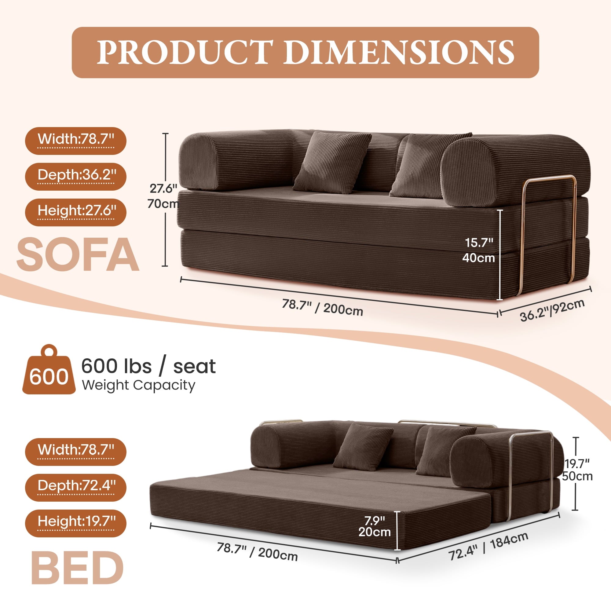 COOLHUT 63 W Combination Sofa, High Rebound Density Foam Sofa Couch, Two Forms Floor Couch Three Seats Sofa Bed for Living Room, Bedroom, Green