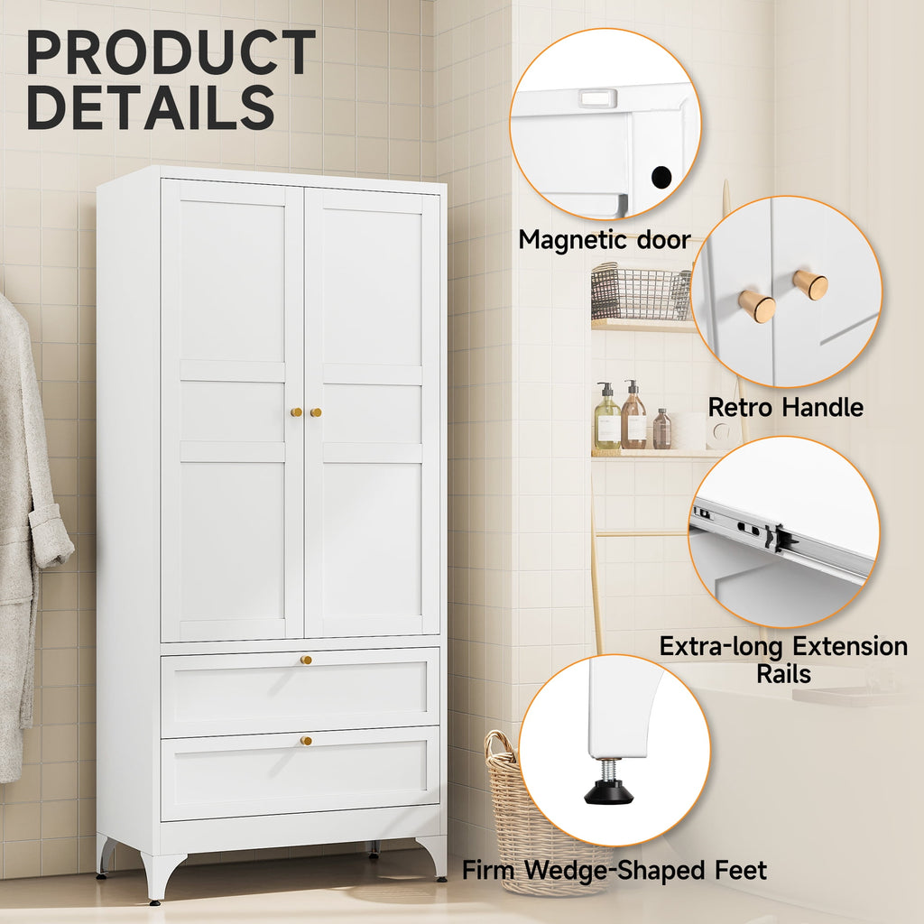 STANI Metal Wardrobe Closet with Hanging Rod, 72 White Armoire Wardrobe Cabinet with Adjustable Shelves, Clothes Storage Organizer Cabinets for Bedroom, Bathroom, Office