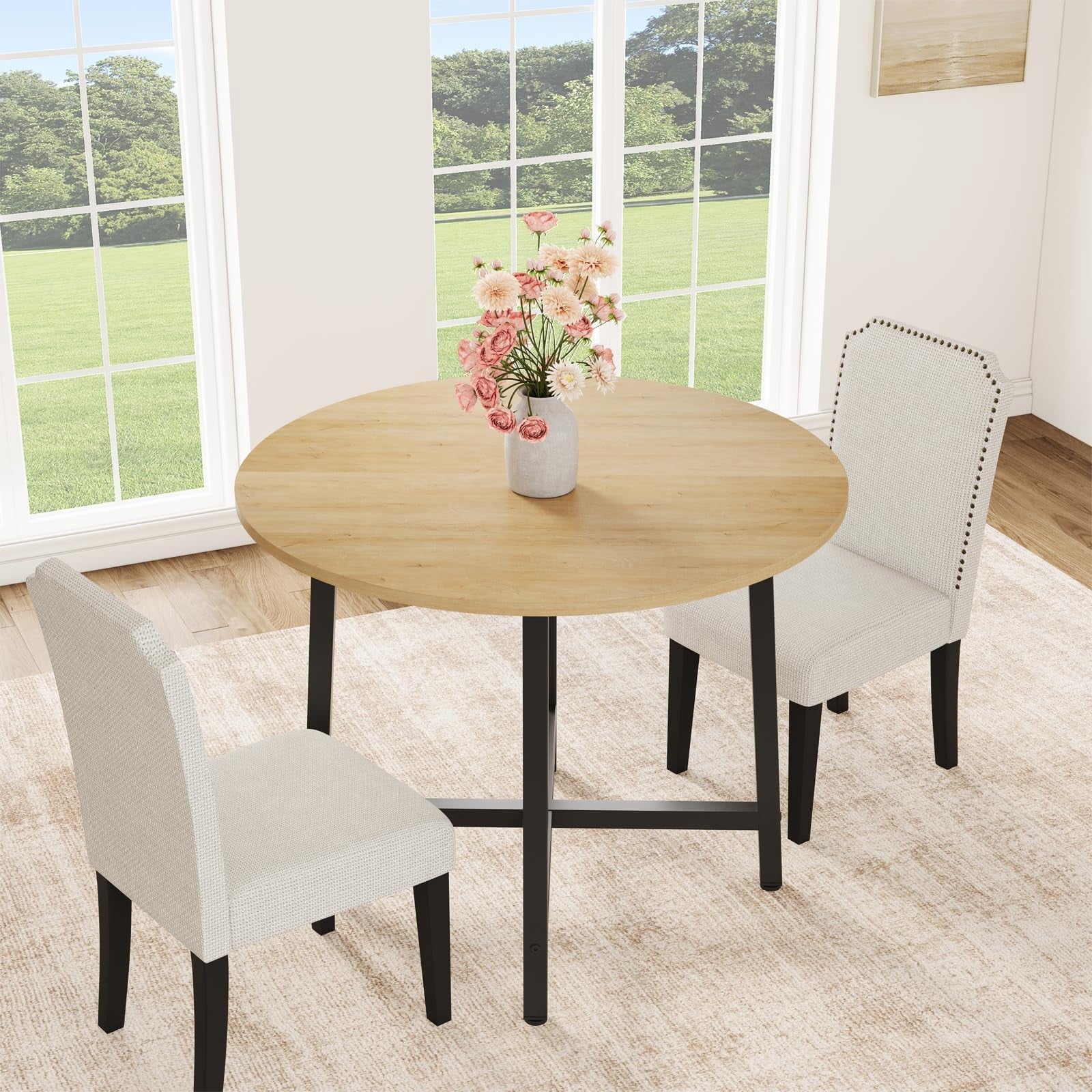 31.5 Round Dining Table for 4 People, Modern Wood Circle Kitchen Table with Sturdy Industrial Metal Frame, Small Space Saving Dining Room Table for Apartment & Breakfast Nook, (No Chairs), Walnut