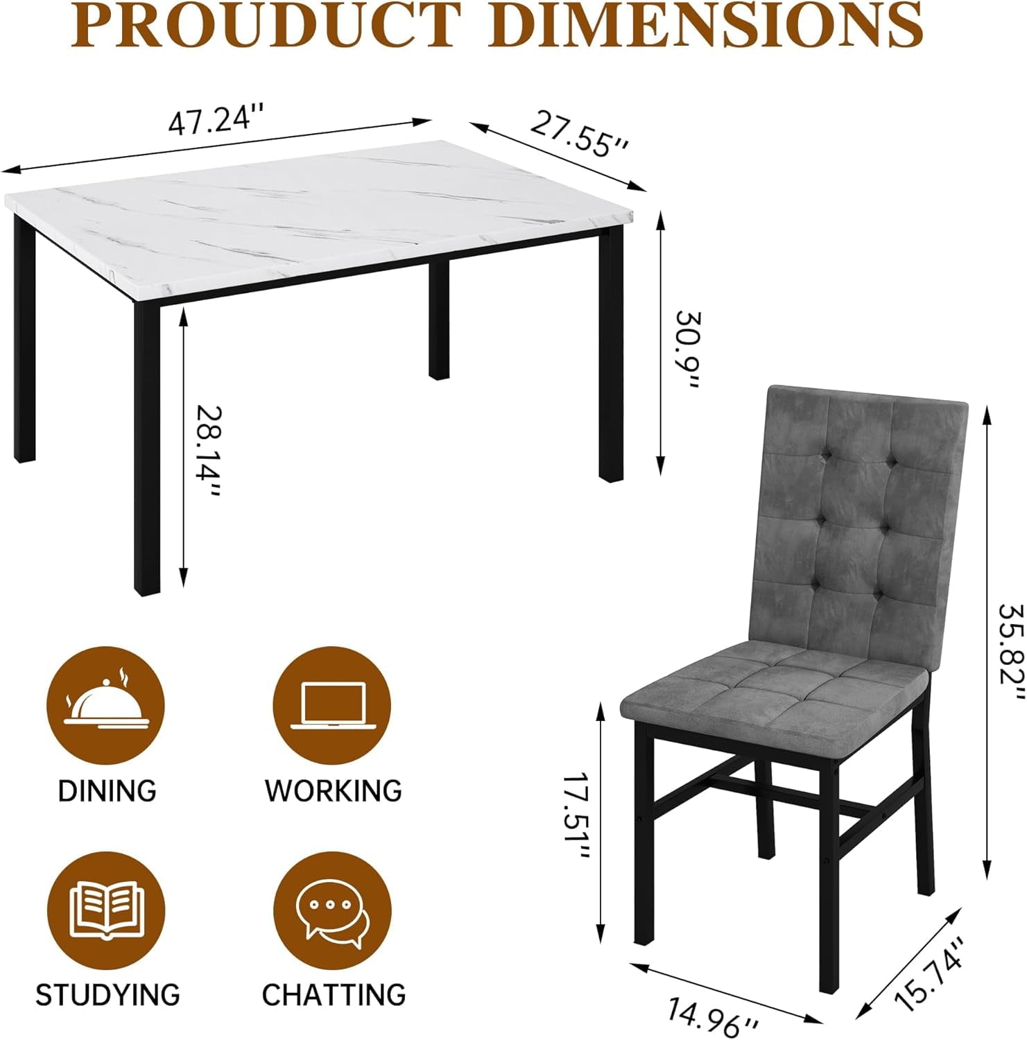 LinkRomat 5-Piece Faux Marble Dining Table Set for 4, Modern Kitchen Table with Chairs, Dinette Dining Room Furniture Set for Compact Space Saving