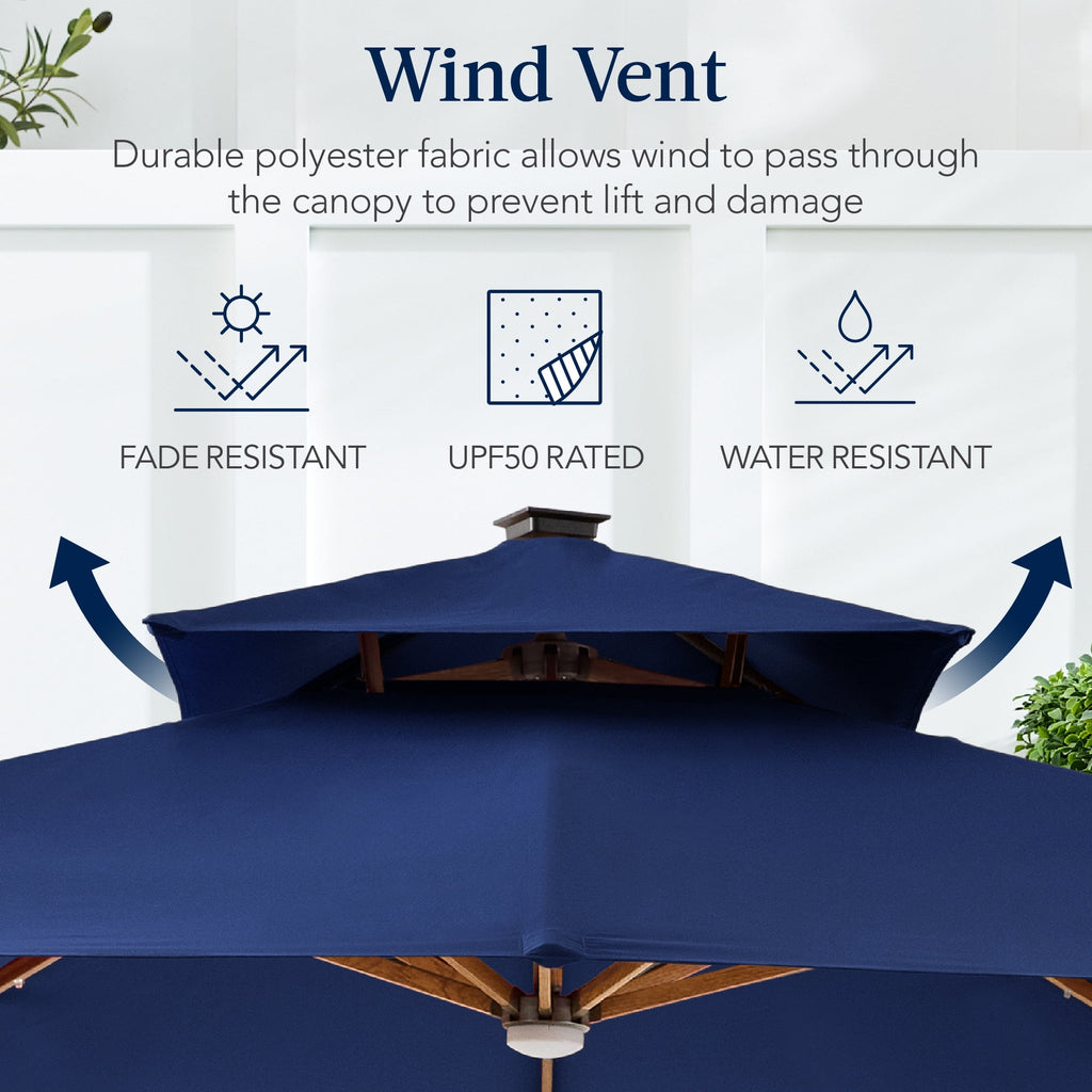 Best Choice Products 10ft Square Woodgrain Pattern 2-Tier Outdoor Solar LED Cantilever Umbrella w/ Base - Gray