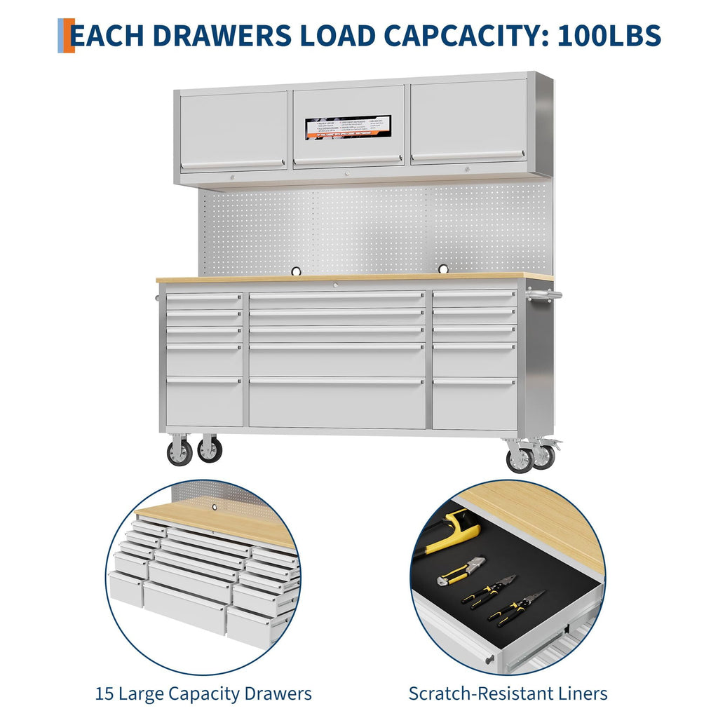 Garvee 61 Tool Chest, Rolling Workbenches with 9 Drawers and Pre-Installed Power Strip for Garage, Workshop, Kitchen