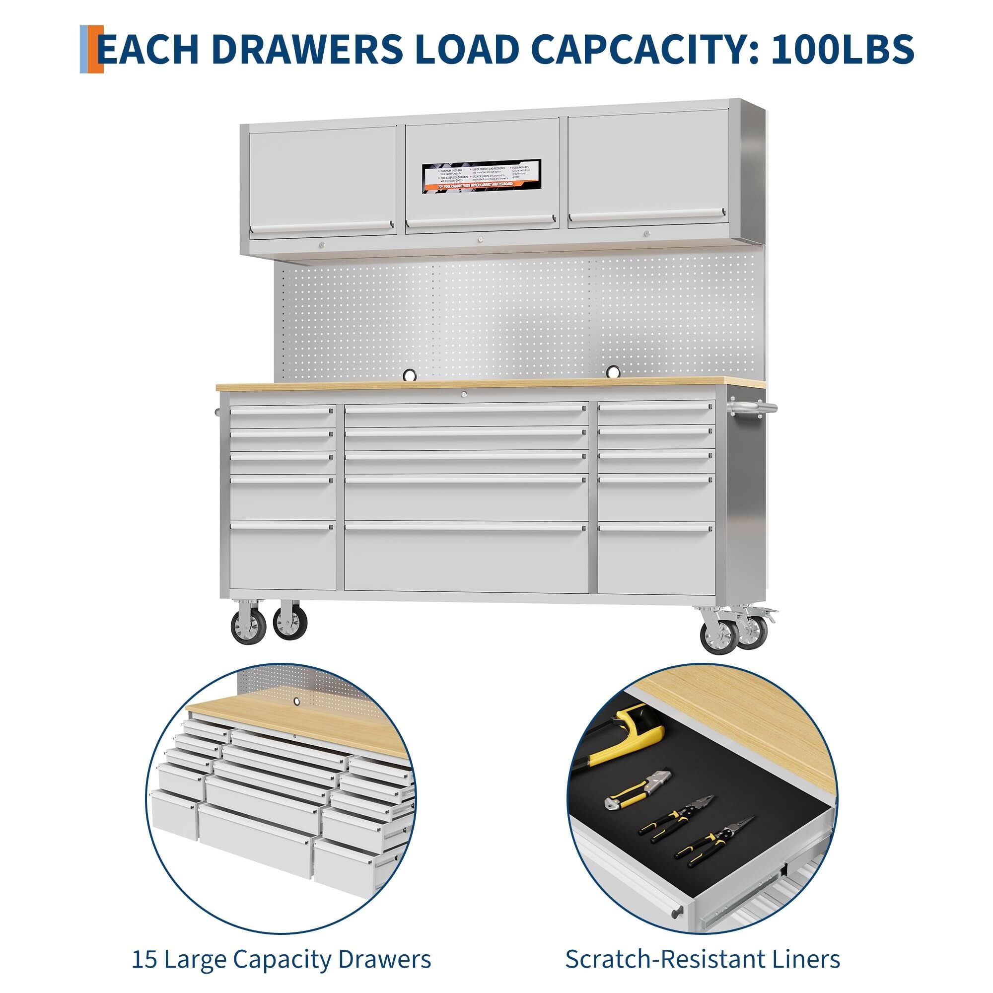 Garvee 61 Tool Chest, Rolling Workbenches with 9 Drawers and Pre-Installed Power Strip for Garage, Workshop, Kitchen