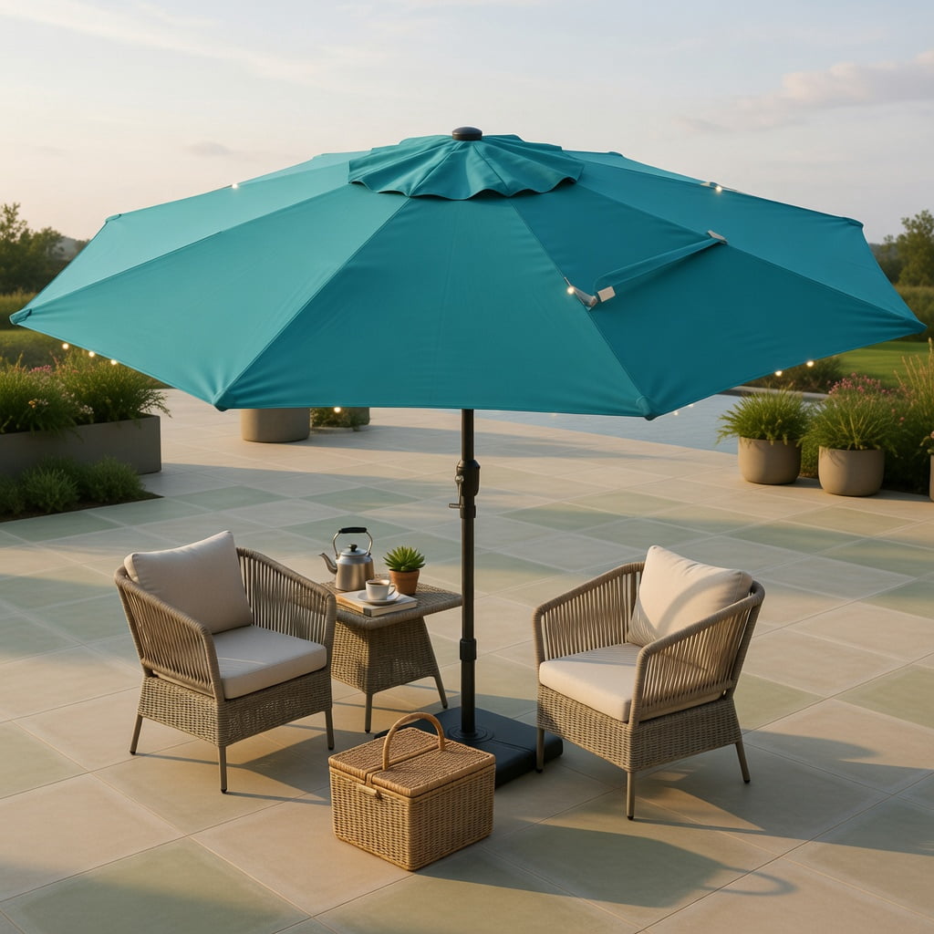 Demi Bonn 15FT Double-Sided Solar LED Patio Umbrella, 48 Warm LED Lights Large Steel Frame Sun Canopy, Stylish Outdoor Backyard Shade Umbrella, Turquoise Dark Red Beige Brown Orange Navy Gray
