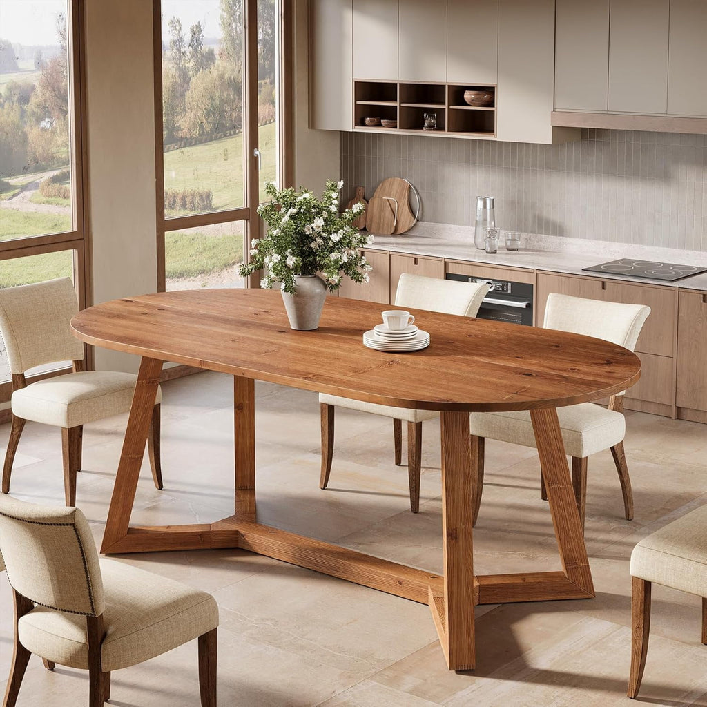 Tribesigns 63 Solid Wood Oval Dining Table, Farmhouse Kitchen Table for 4-6 People, Rusitc Wooden Dinner Table for Living Room, Dining Room (Natural Brown)