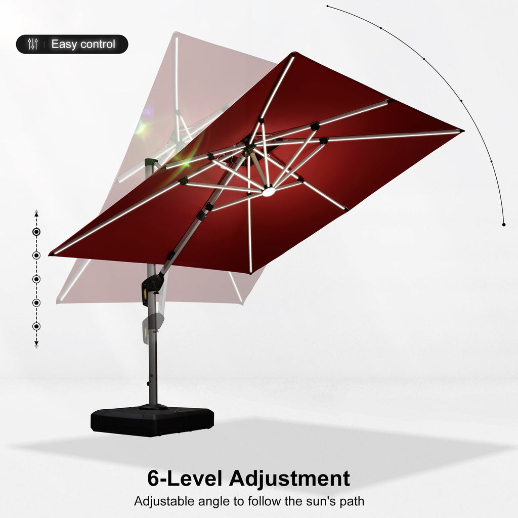 PURPLE LEAF 9 x 12FT Deluxe Rectangle Solar Powered LED Patio Umbrella with Base, Large Offset Cantilever Umbrella with 360° Rotation, Navy Blue