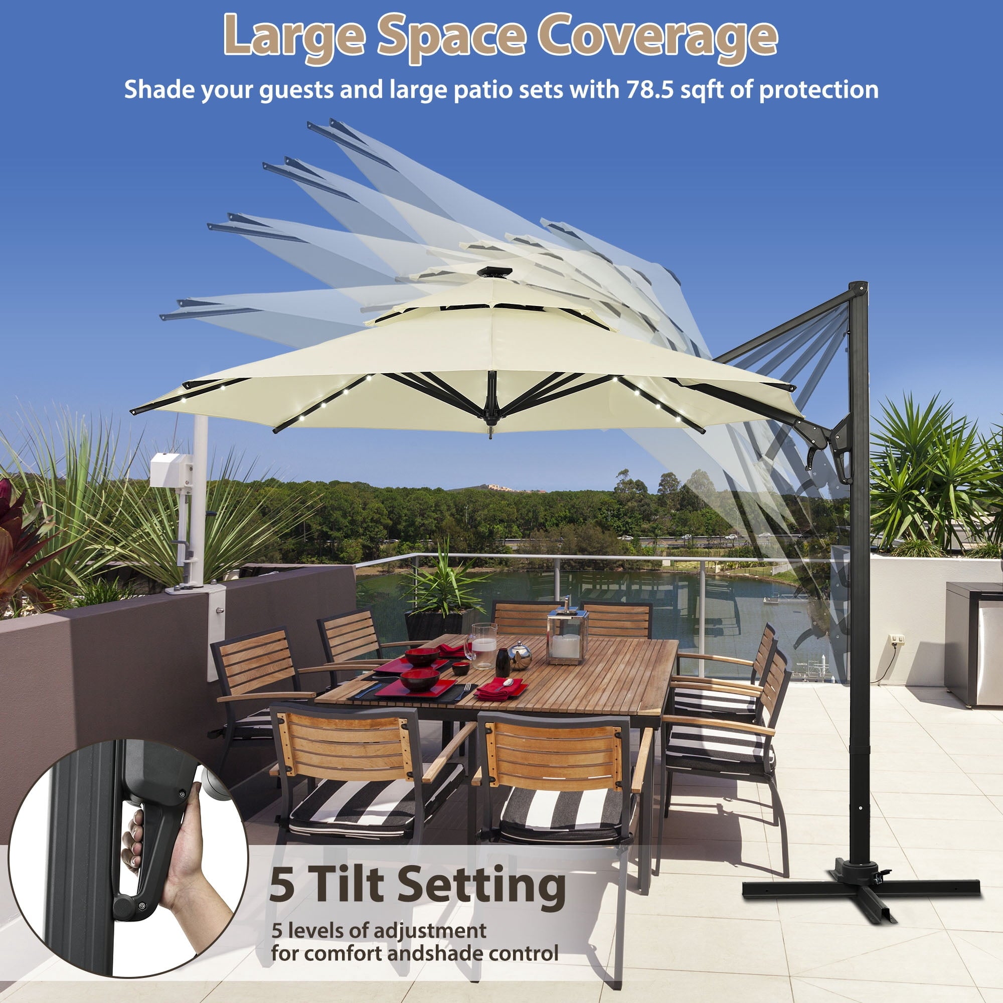Autlaycil 10' Patio Cantilever Umbrella with Solar Lights, 5 Years Fade Resistance, Aluminum Offset Umbrella with 360-degree Rotation, Beige