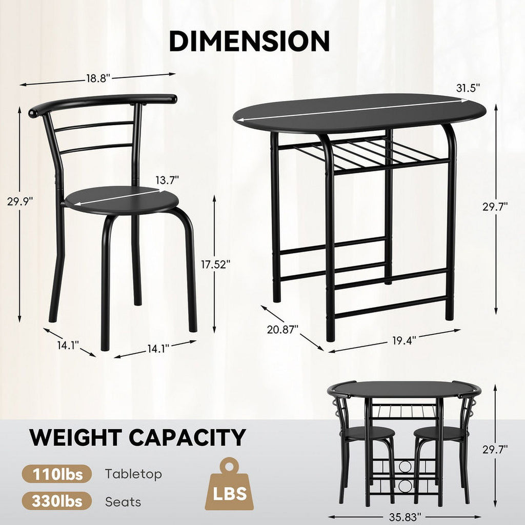 Homall 3 Piece Wood and Metal Dining Table Set, Small Dining Table for 2, Modern Dining Set for Living Room, Dining Room, Kitchen, Black