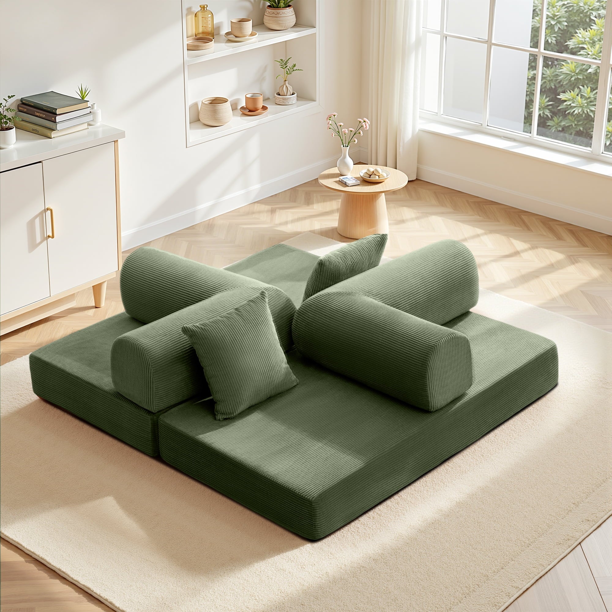 COOLHUT 63 W Combination Sofa, High Rebound Density Foam Sofa Couch, Two Forms Floor Couch Three Seats Sofa Bed for Living Room, Bedroom, Green
