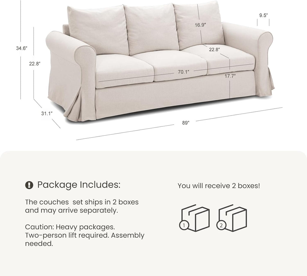 Vorthio 3-Seater Farmhouse Sofa, Deep Seat Couch with High Back Support, Removable Washable Cover, Grey