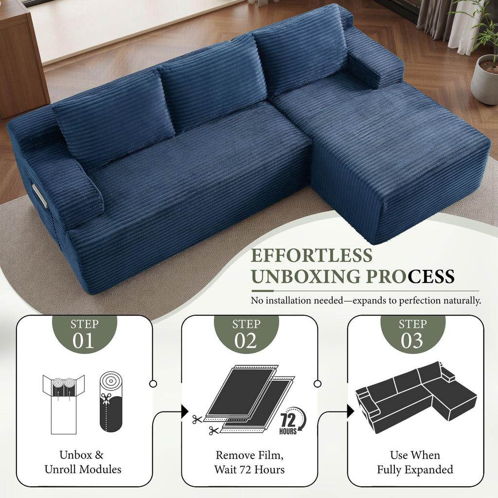96 L-Shaped Sectional Couches for Living Room, Modular Cloud Couch with Chaise, Corduroy Deep Seat Boneless Sofa, No Assembly, Black