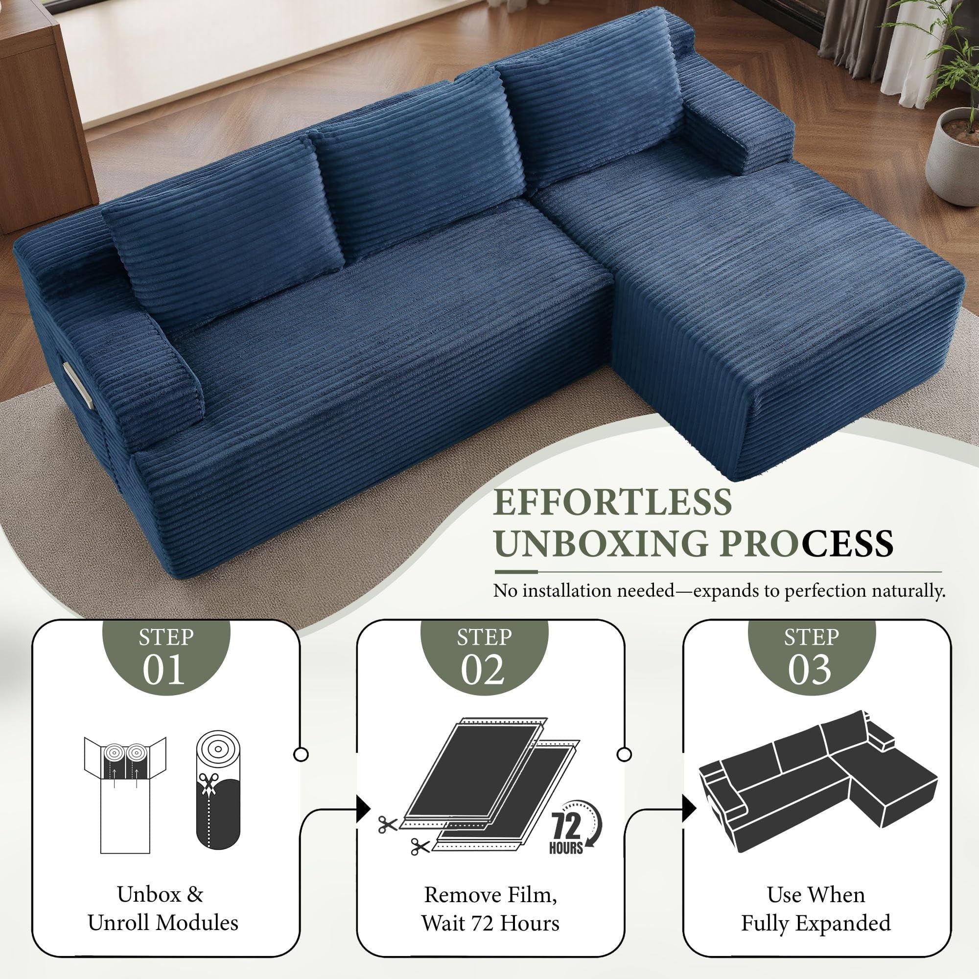 96 L-Shaped Sectional Couches for Living Room, Modular Cloud Couch with Chaise, Corduroy Deep Seat Boneless Sofa, No Assembly, Black