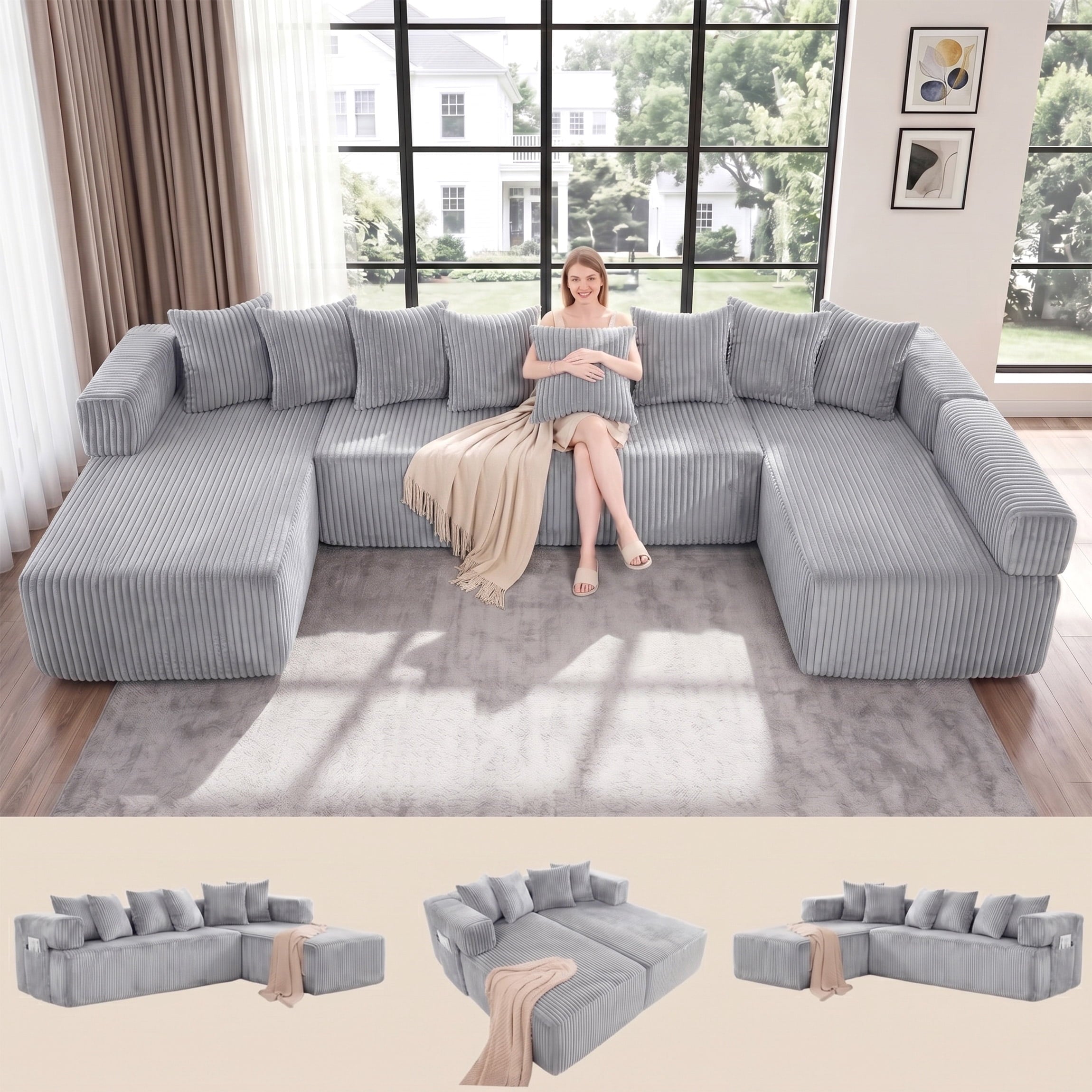 SOULART 138.5 U Shaped Sectional Couch,Gray Cloud Boneless Sofa For Living Room,Plush Corduroy Couches With Deep Seat Chaise Lounge,No Assembly Required