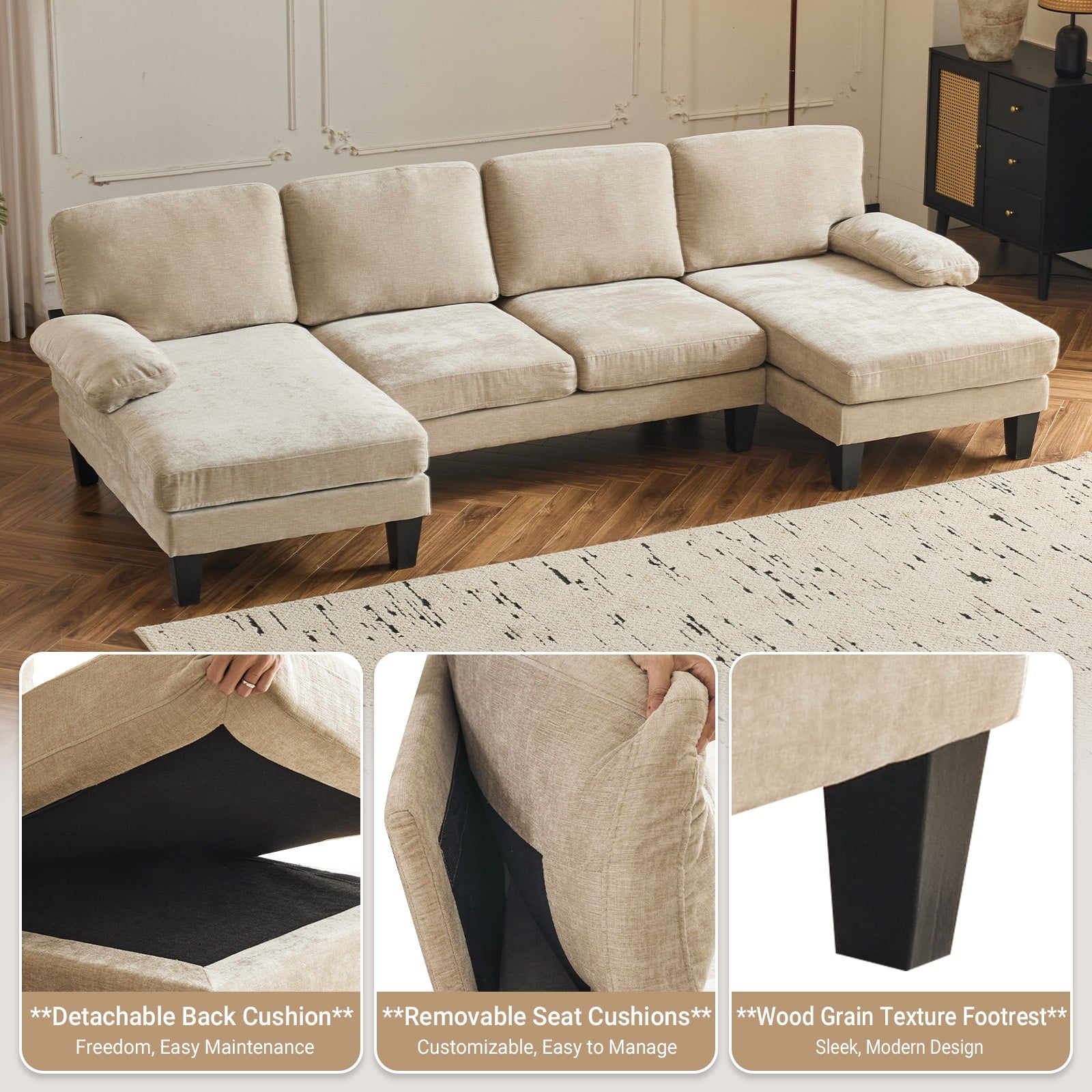 Ktaxon U-Shaped Sectional Sofa, 111  Chenille Couch, 4 Seat Lounge Sleeper with Double Chaise for Living Room Black