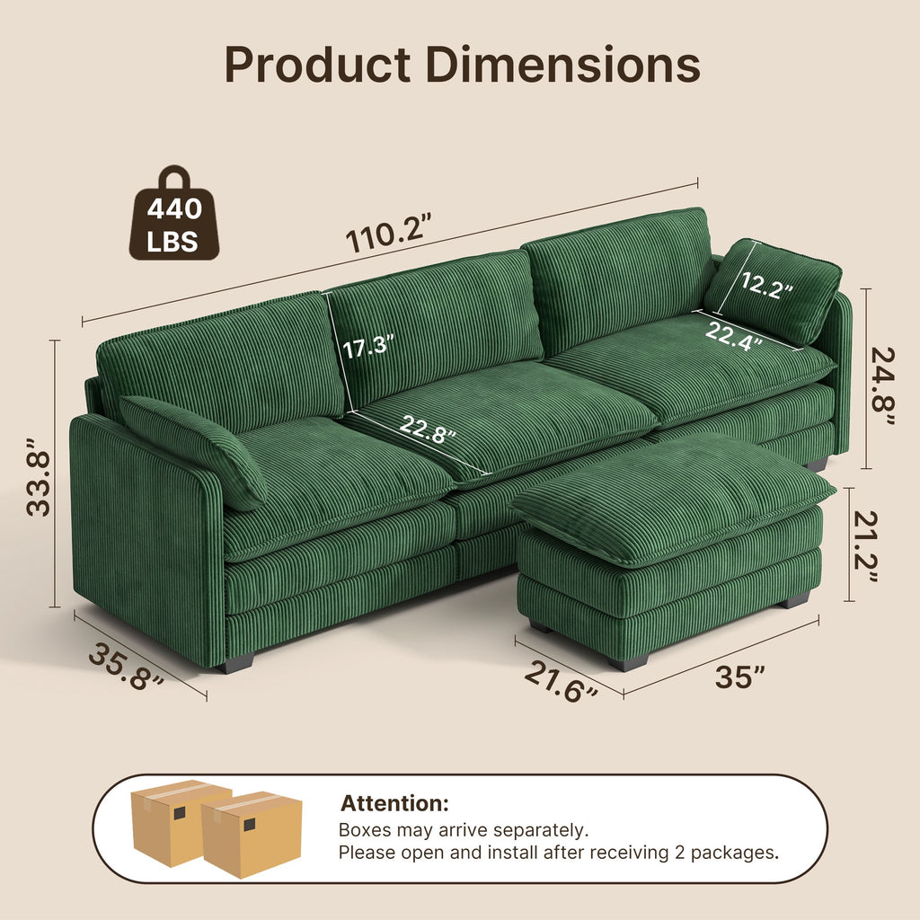 Sofa, L-Shaped Sofa Couch with Deep Seat and Movable Footrest Sofa for Office|Living Room, Gray