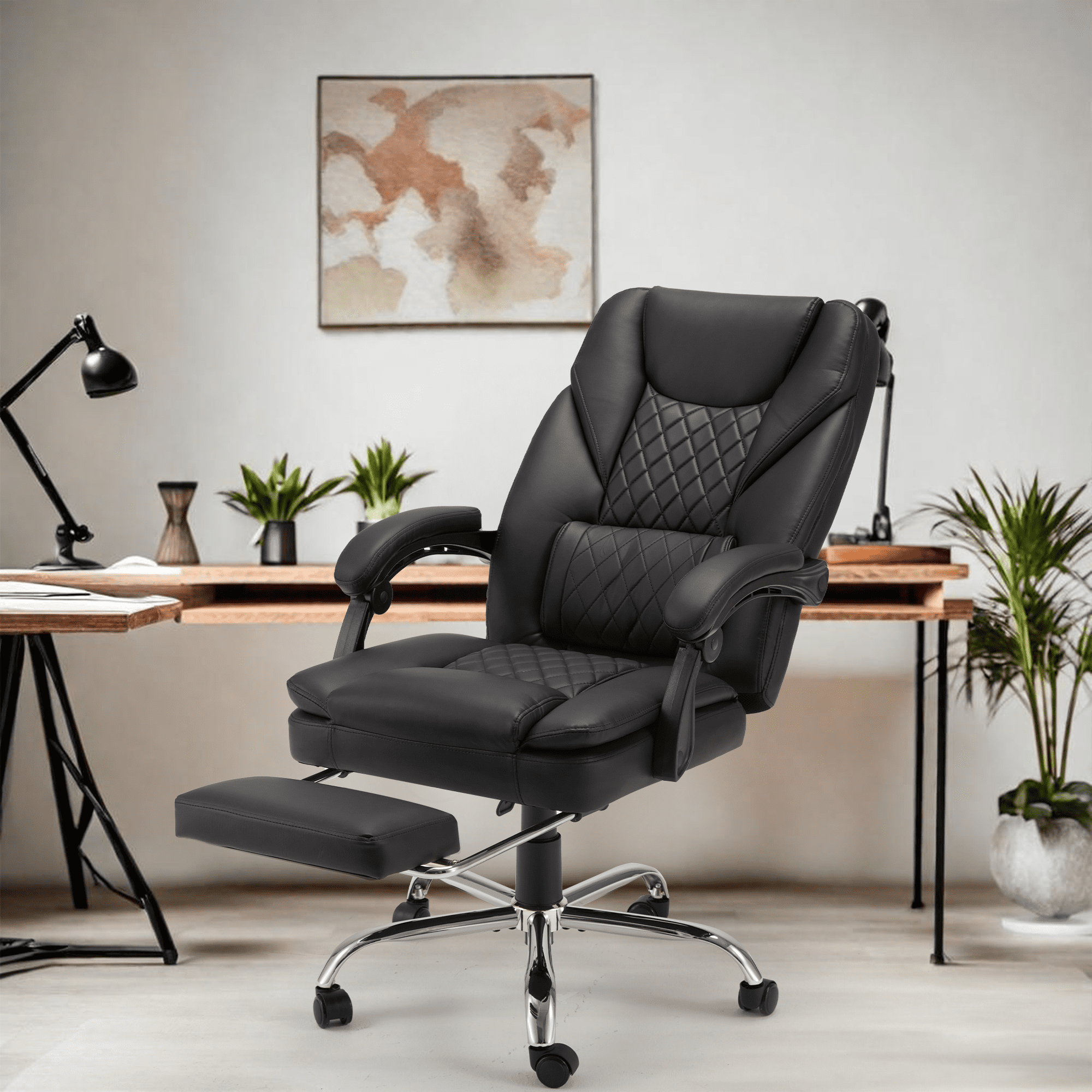 HOMREST Ergonomic Office Chair with 6-Point Massage & Heating, Adjustable Executive Desk Chair with Retractable Footrest, PU Leather Home Office Desk Chair for Home & Office (Black)