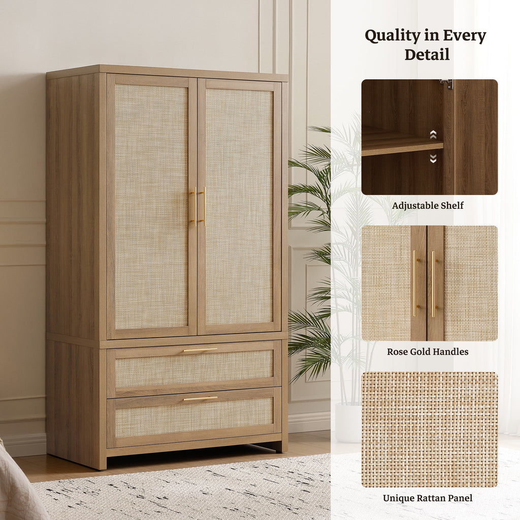 SICOTAS 40W Oversized Boho Armoire Wardrobe Closet with 2 Large Drawers, 71 Tall Rattan Clothing Storage Cabinet with Shelves & Hanging Rod, Farmhouse Freestanding Wardrobe Cabinet for Bedroom, Oak