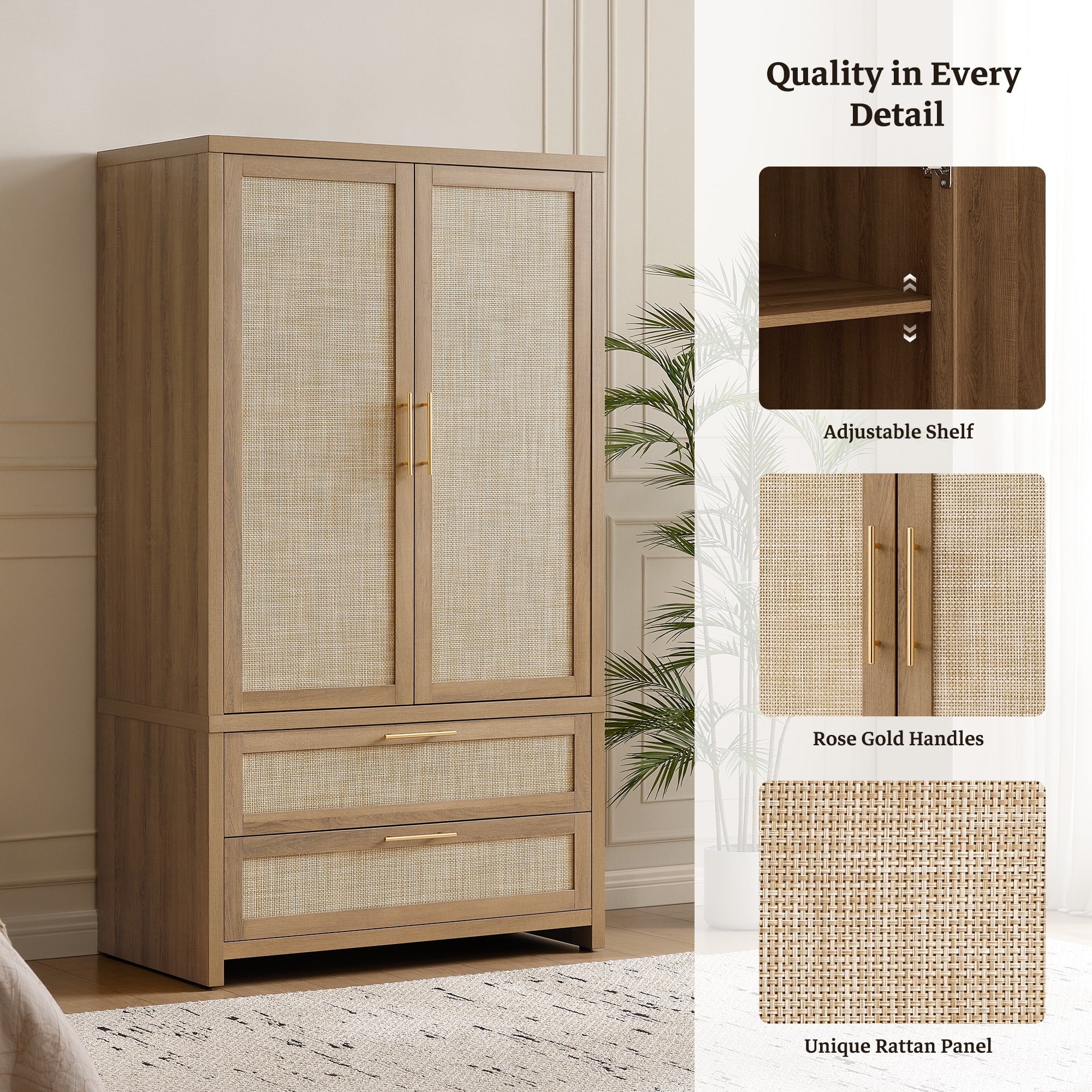 SICOTAS 40W Oversized Boho Armoire Wardrobe Closet with 2 Large Drawers, 71 Tall Rattan Clothing Storage Cabinet with Shelves & Hanging Rod, Farmhouse Freestanding Wardrobe Cabinet for Bedroom, Oak