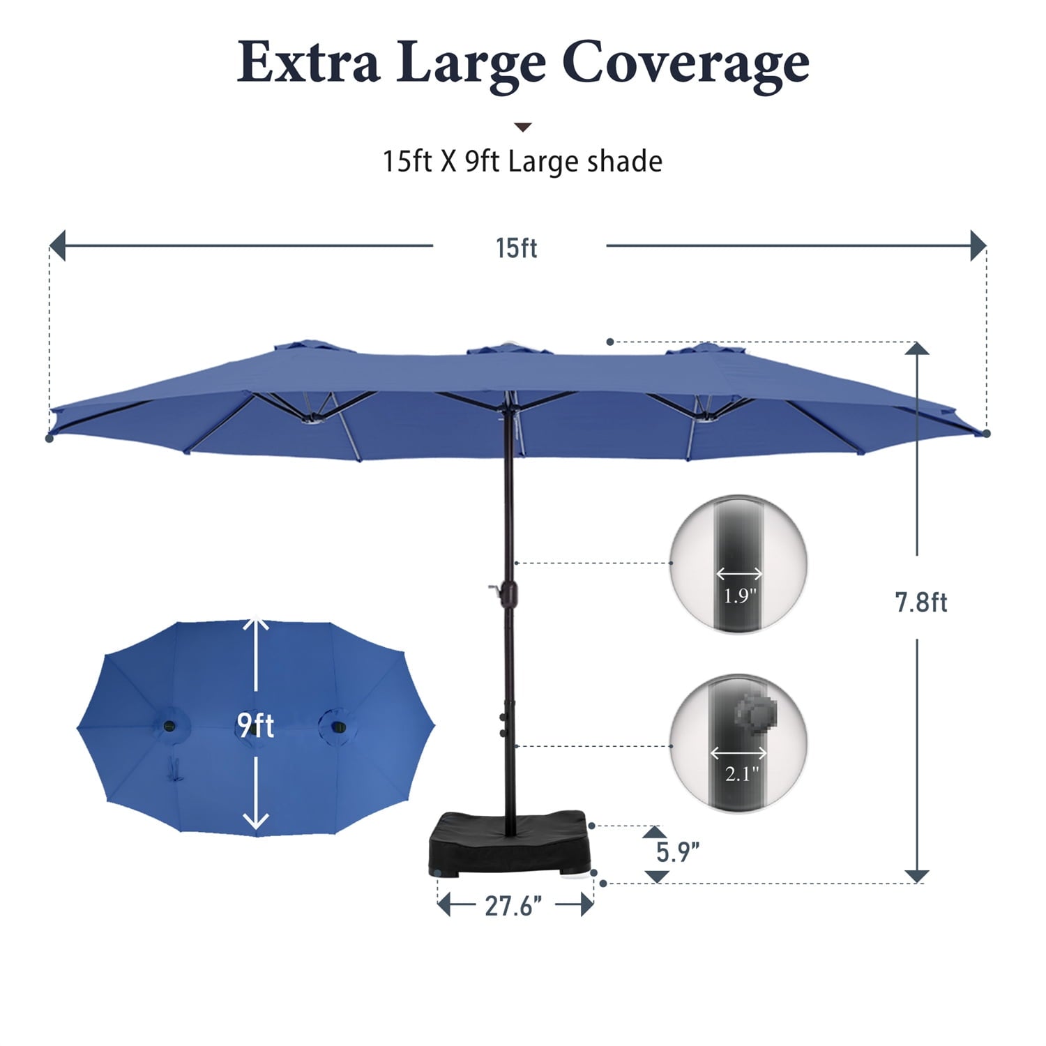 SUMMIT LIVING 15 ft Large Patio Umbrella with Base (Included) Double-Sided Rectangular Outdoor Deck Umbrella for Outside - Beige