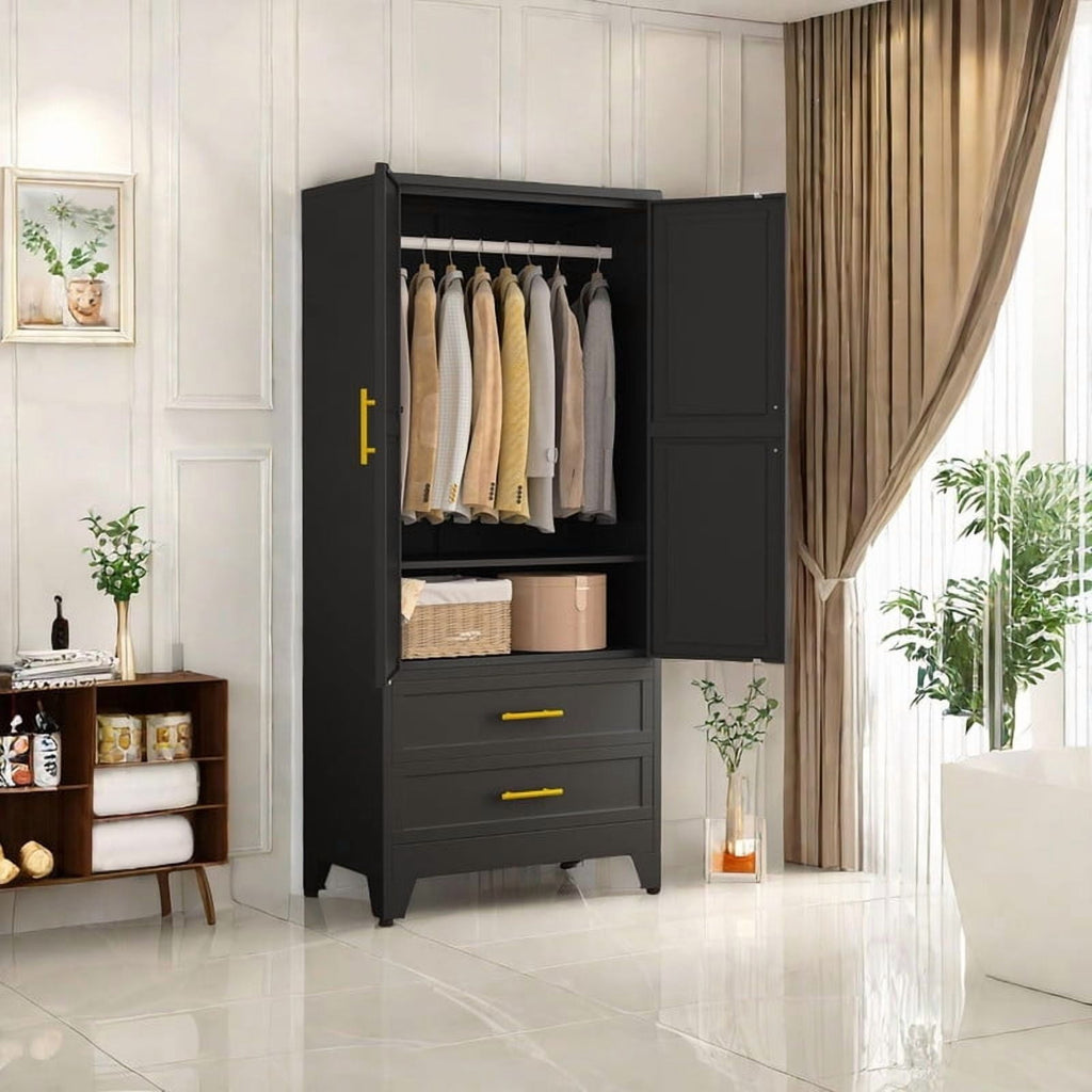 EROSOEI Metal Freestanding Armoire Wardrobe Clost With Hanging Rod and Drawers