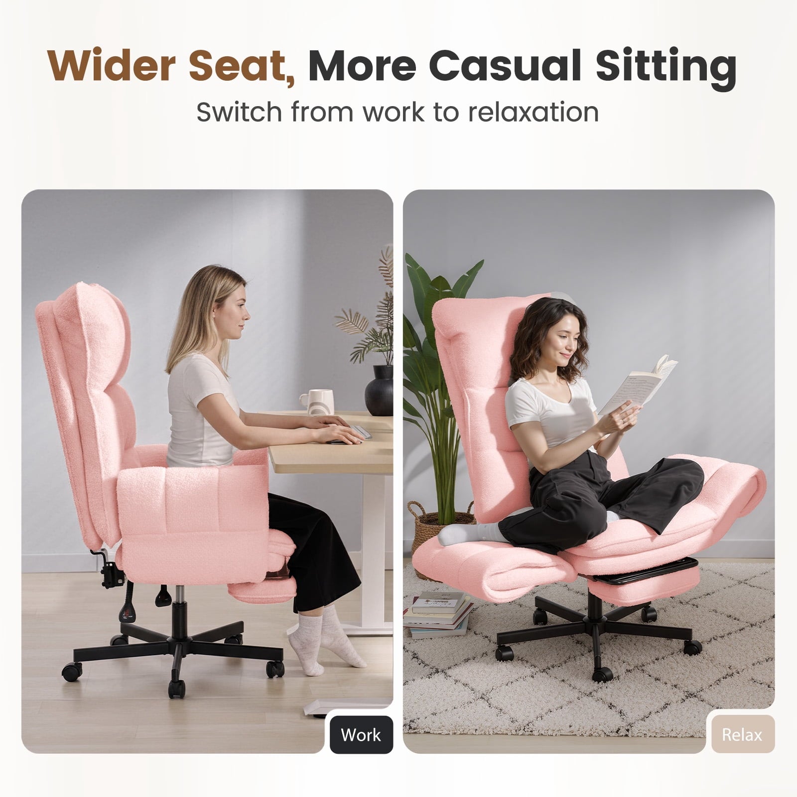 Patbrela Big and Tall Office Chair, Teddy Plush Swivel Desk Chair Ergonomic Computer Chairs with Adjustable Armrests, Beige