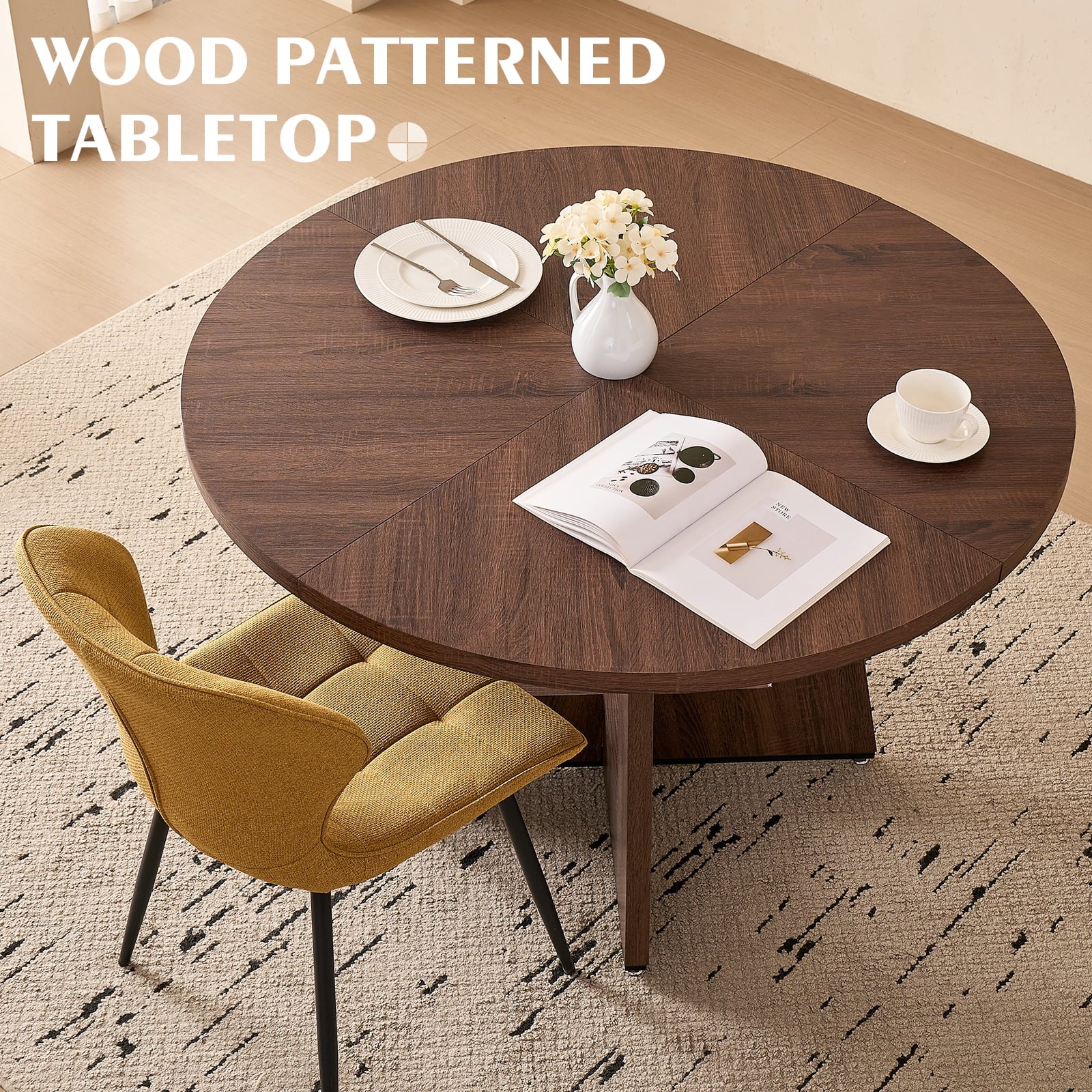 5 Piece 47'' Round Dining Table Chairs Set for 4, Farmhouse Oak Kitchen Table with 4 Boucle Mid Century Modern Dinning Room Chairs, Wood Dinner Table &Upholstered Chair Set of 4, Beige