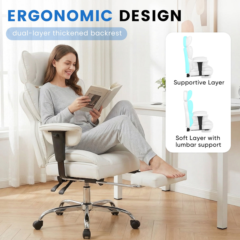 edx Executive Home Office Desk Chair, Ergonomic Big Tall High Back with Footrest & Lumbar Support, Reclining Comfy PU Leather Computer Gaming Chair with Swivel Wheels, Height Adjustable, Black
