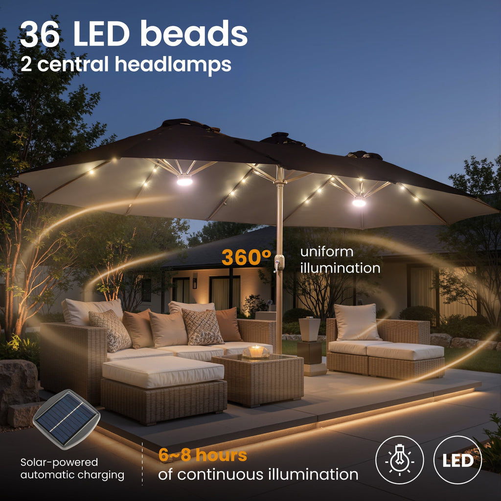 Ovios 15ft Solar LED Patio Umbrellas Double-Sided Outdoor Umbrella 36 LED Lights Large Poolside Umbrella with Base for Outside, Market, Backyard, Dark Grey